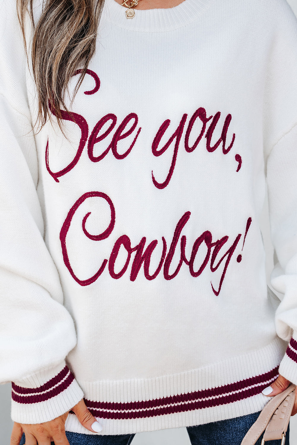 White See You Cowboy Embroidered Western Graphic Sweater-TOPS / DRESSES-[Adult]-[Female]-2022 Online Blue Zone Planet