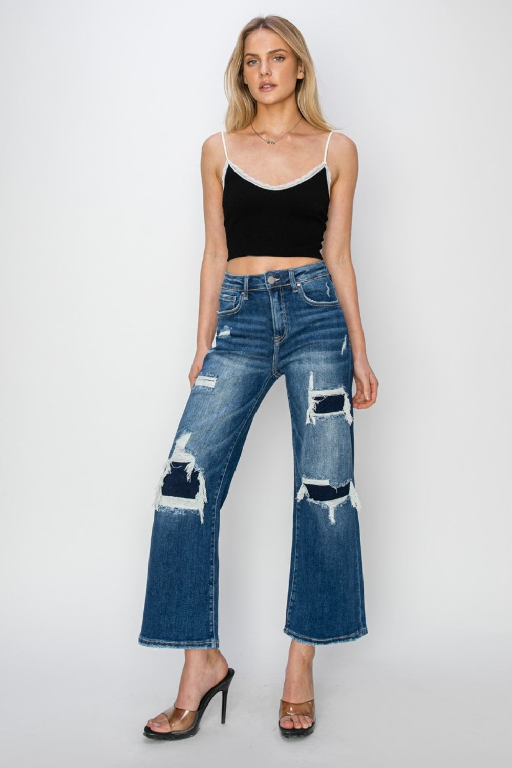 Blue Zone Planet | Risen Full Size High Rise Patch Detailed Wide Leg Crop Jeans-TOPS / DRESSES-[Adult]-[Female]-2022 Online Blue Zone Planet