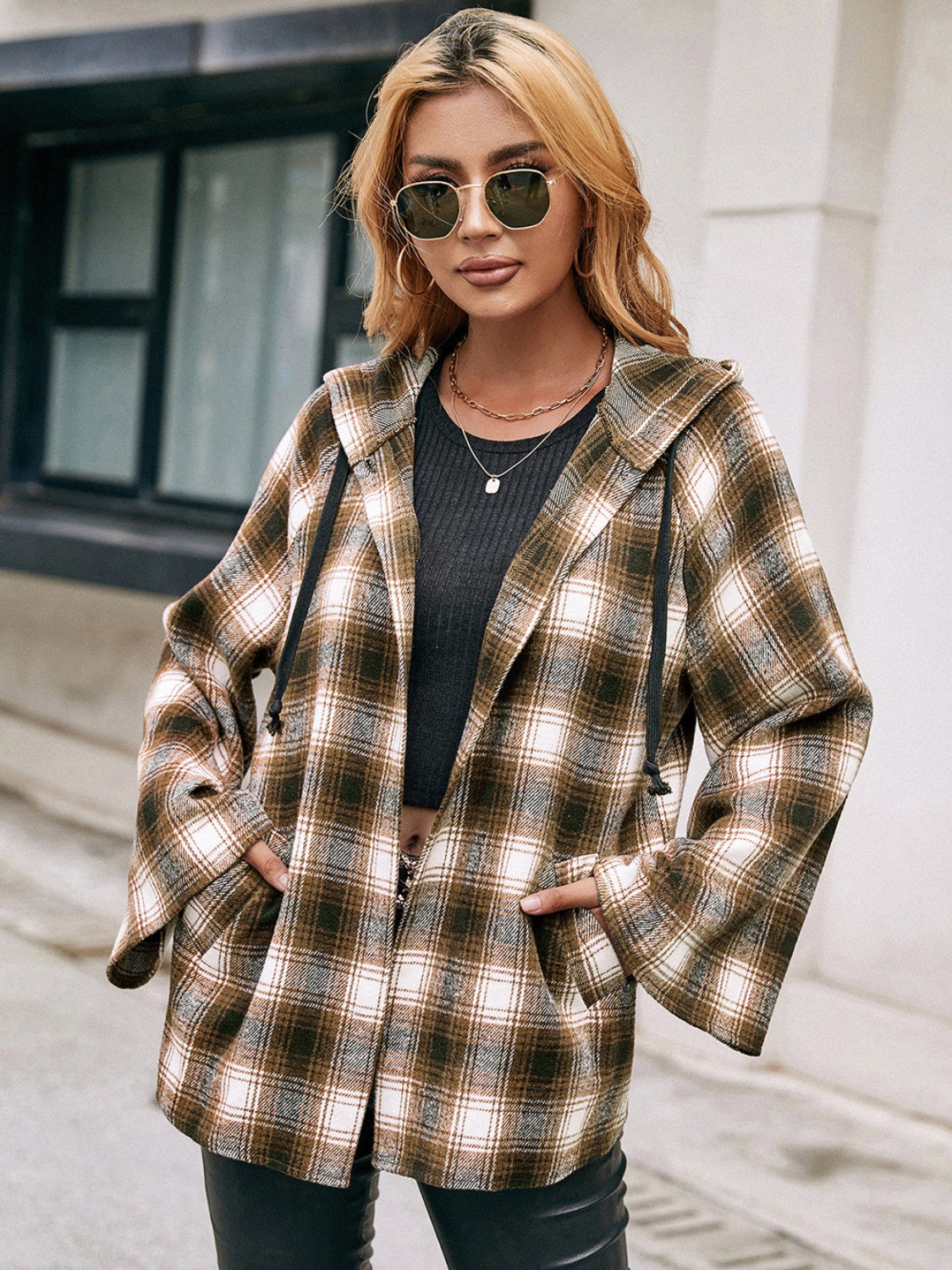 Blue Zone Planet | Pocketed Plaid Long Sleeve Hooded Jacket-TOPS / DRESSES-[Adult]-[Female]-Camel-S-2022 Online Blue Zone Planet