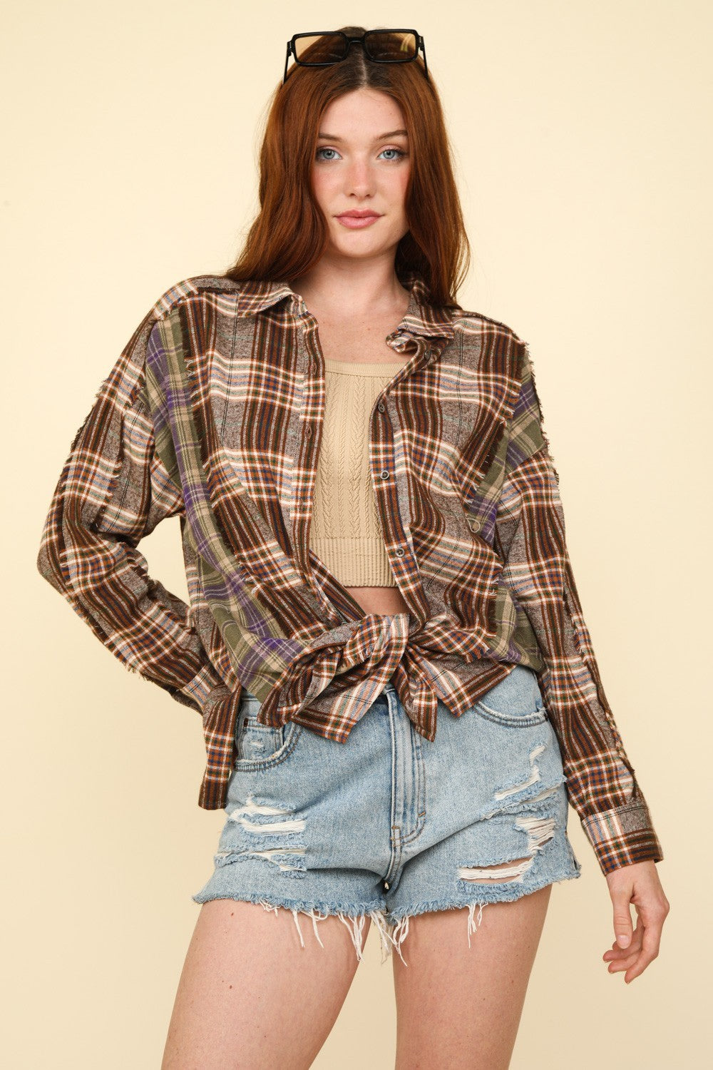 VERY J Contrast Plaid Raw Detail Shirt-TOPS / DRESSES-[Adult]-[Female]-2022 Online Blue Zone Planet