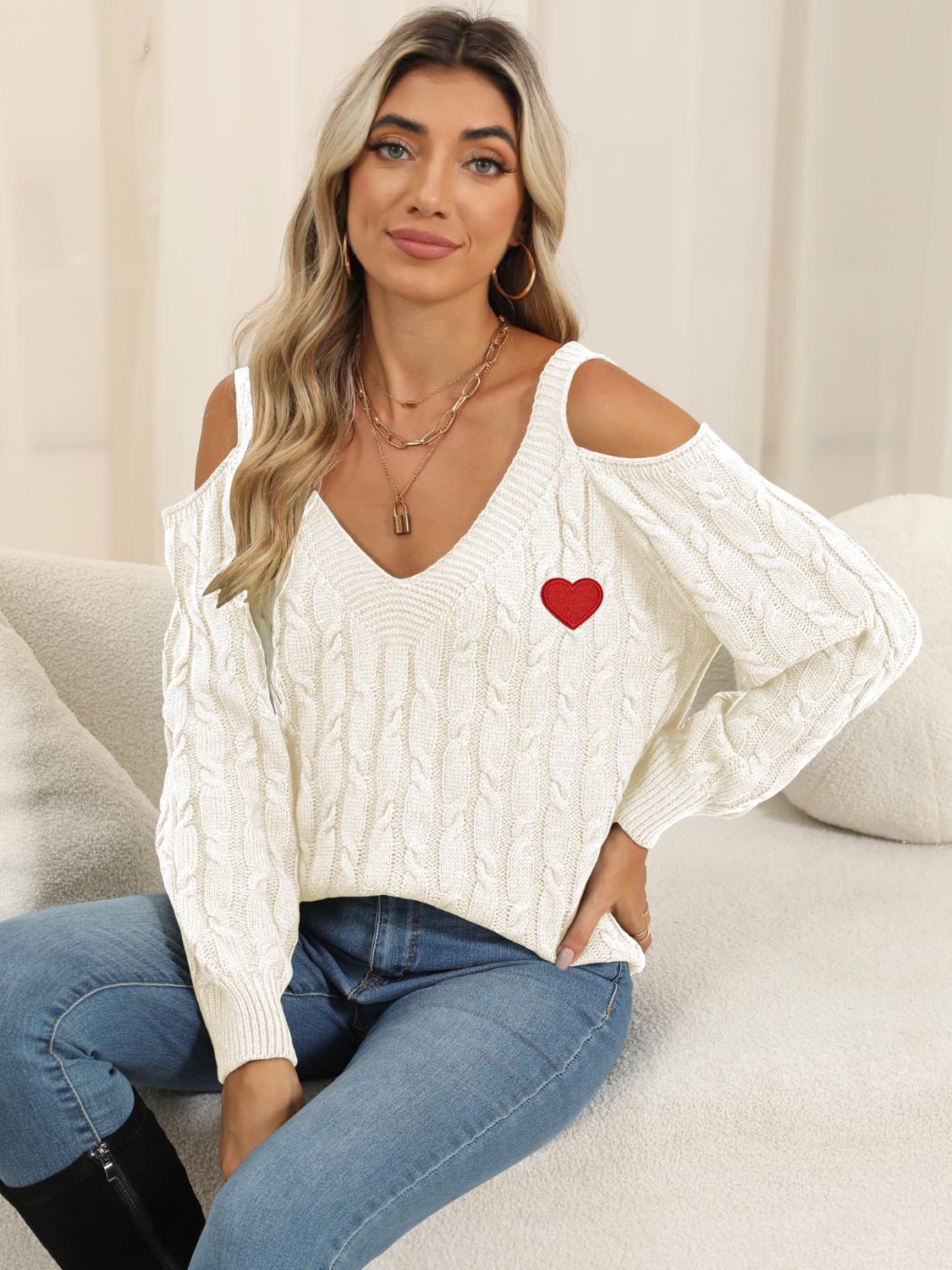 Cable-Knit Heart V-Neck Sweater-TOPS / DRESSES-[Adult]-[Female]-White-S-2022 Online Blue Zone Planet