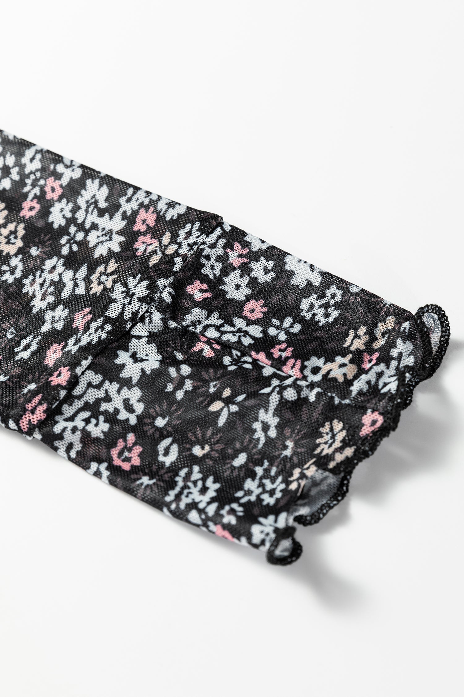 Black Ditsy Floral Mesh Thumbhole Sleeve Slim Fit Top-Tops/Long Sleeve Tops-[Adult]-[Female]-2022 Online Blue Zone Planet