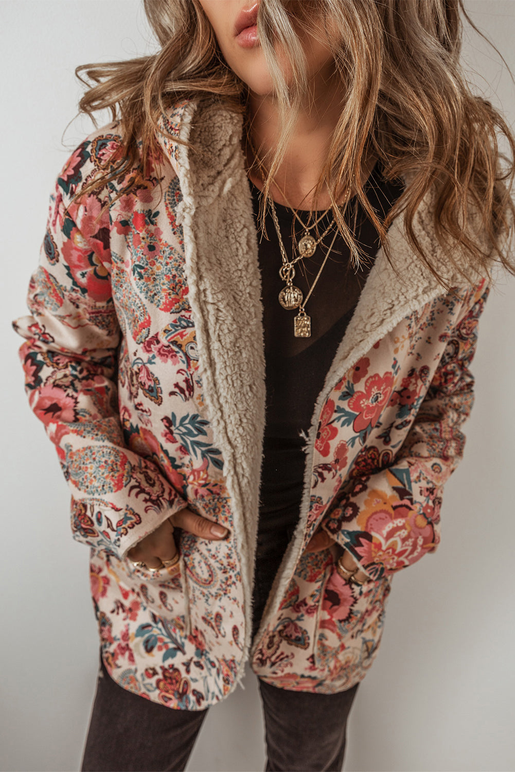 Beige Vintage Paisley Floral Printed Sherpa Lined Hooded Jacket-Outerwear/Jackets-[Adult]-[Female]-Beige-S-2022 Online Blue Zone Planet