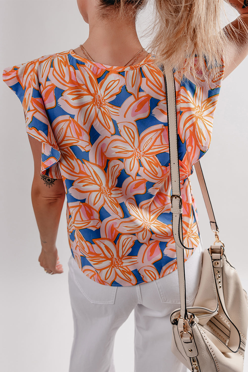 Orange Summer Flower Print Notched Neck Ruffle Sleeve Blouse-Tops/Blouses & Shirts-[Adult]-[Female]-2022 Online Blue Zone Planet