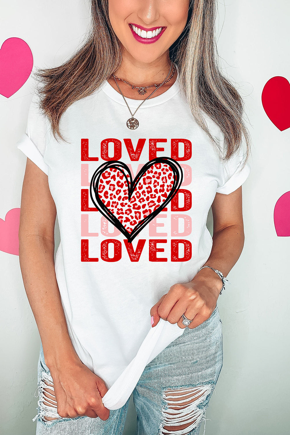 White Leopard Heart LOVE Printed Valentines Tee-Graphic Tees-[Adult]-[Female]-2022 Online Blue Zone Planet