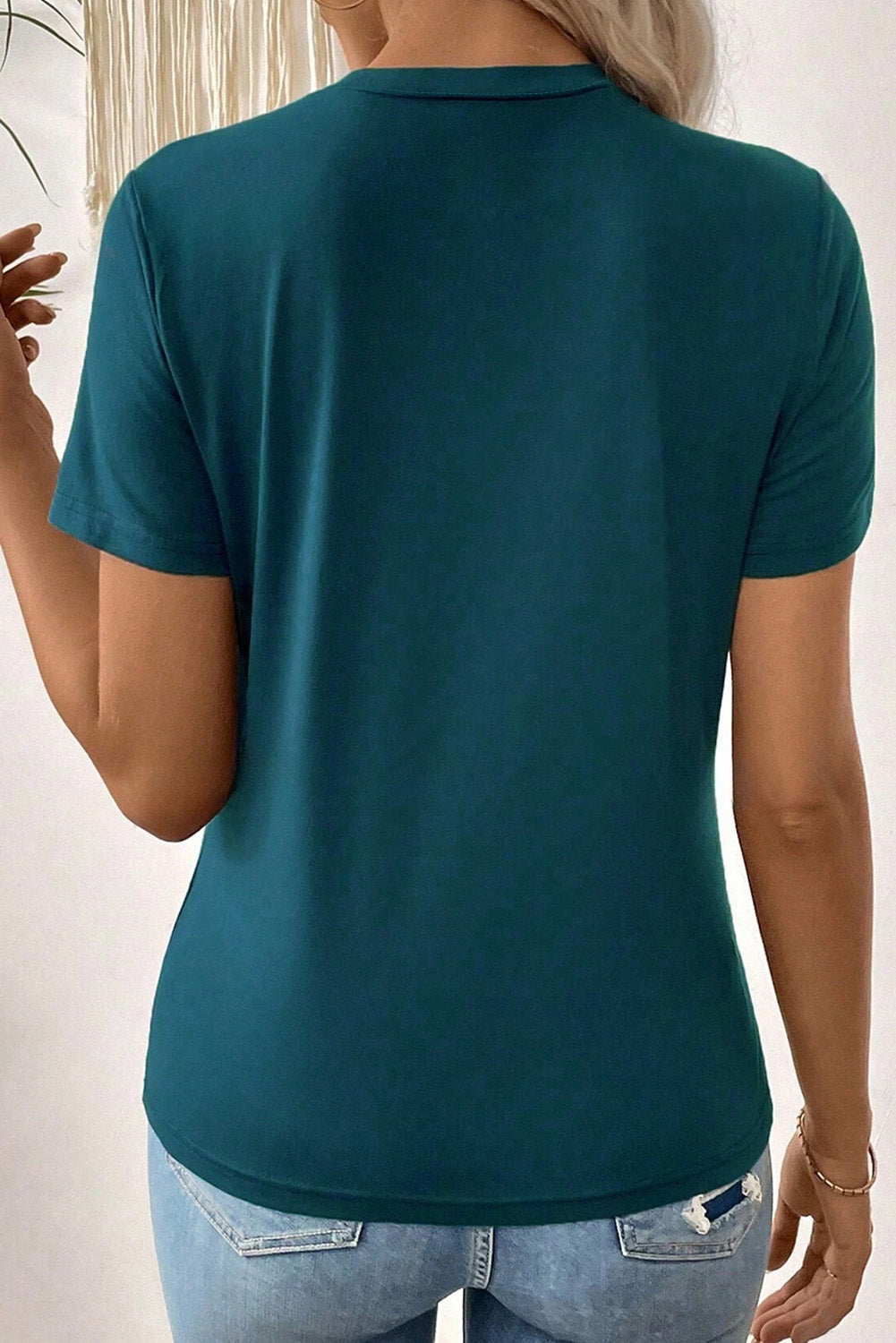 Blue Sapphire Solid Color Toothpick Stripe Round Neck T Shirt-Tops/Tops & Tees-[Adult]-[Female]-2022 Online Blue Zone Planet