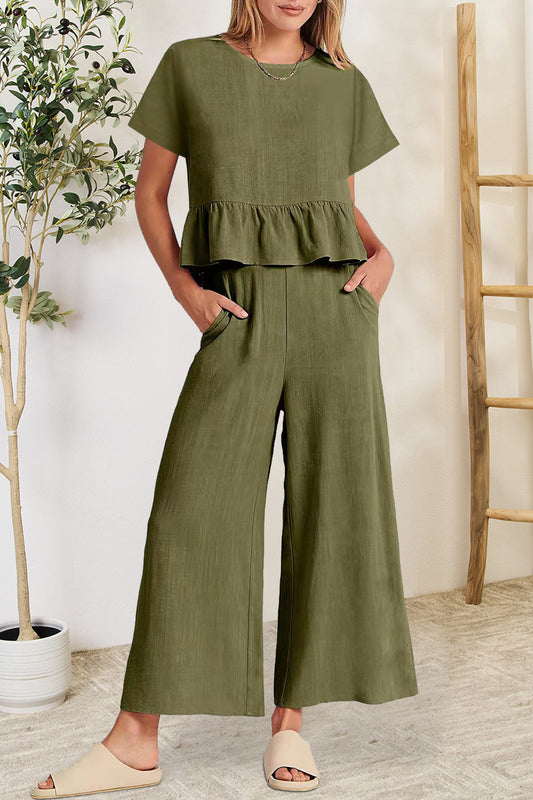 Blue Zone Planet | Peplum Round Neck Short Sleeve Top and Pants Set-TOPS / DRESSES-[Adult]-[Female]-Army Green-S-2022 Online Blue Zone Planet