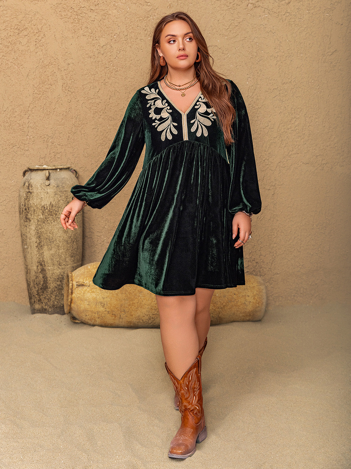 Plus Size Embroidered V-Neck Long Sleeve Dress-TOPS / DRESSES-[Adult]-[Female]-2022 Online Blue Zone Planet