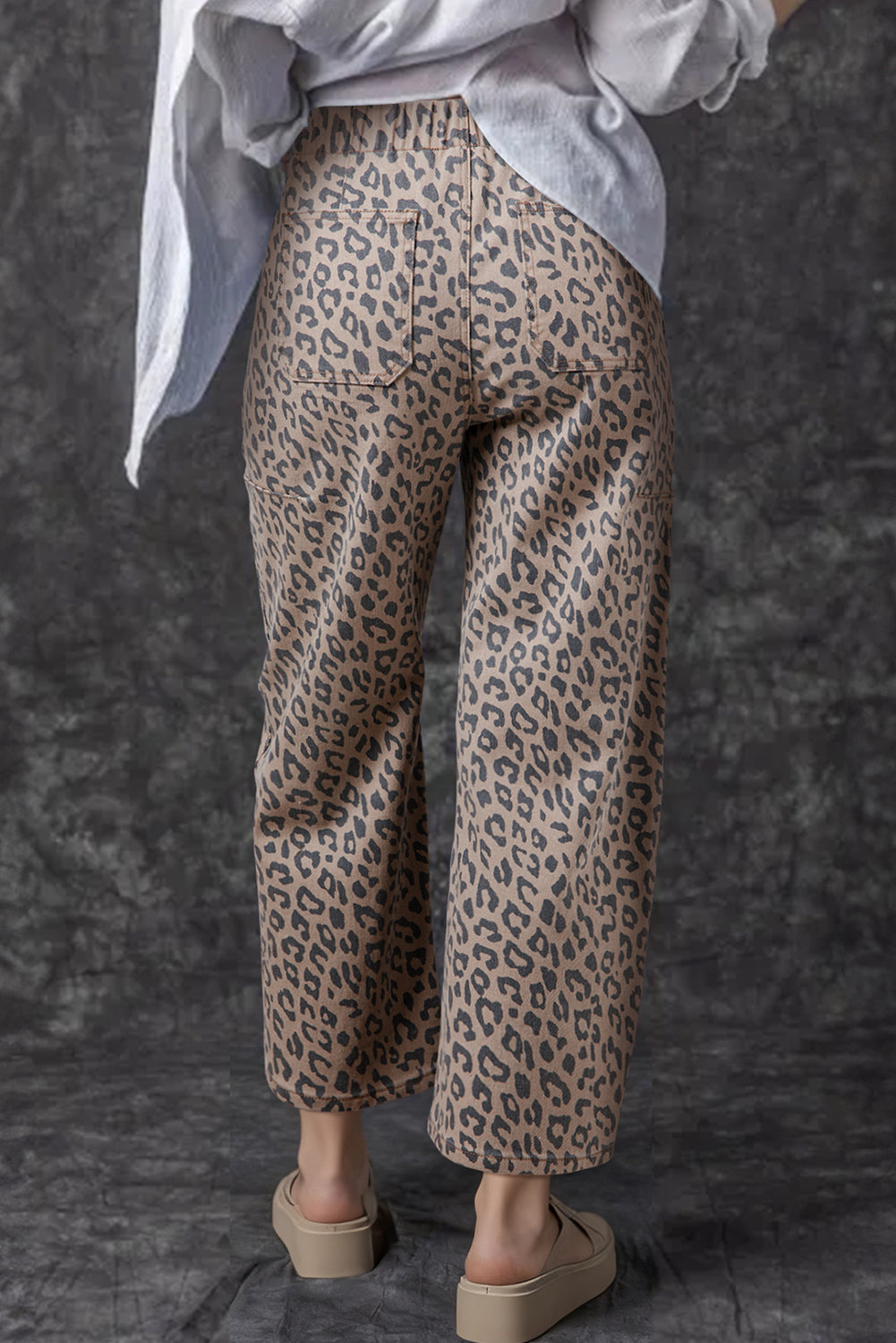 Blue Zone Planet | Khaki Leopard Printed Drawstring Waist Pocketed Wide Leg Jeans-Bottoms/Jeans-[Adult]-[Female]-2022 Online Blue Zone Planet