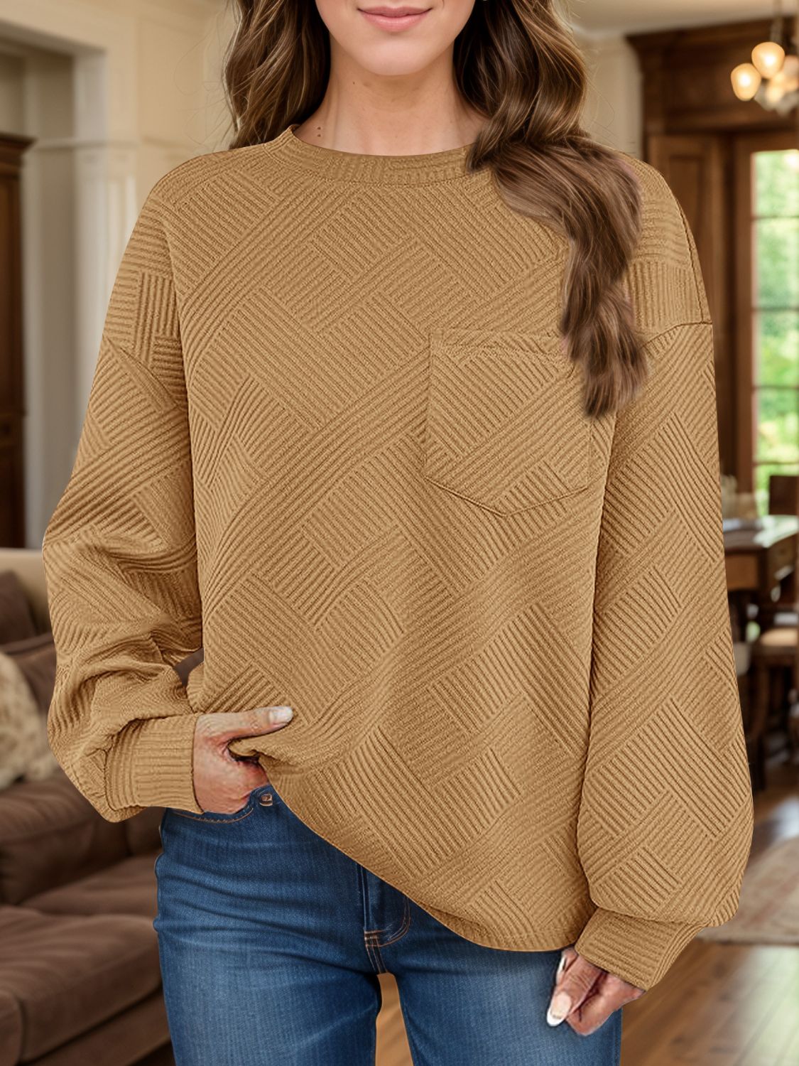 Full Size Texture Round Neck Long Sleeve Sweatshirt-TOPS / DRESSES-[Adult]-[Female]-Camel-S-2022 Online Blue Zone Planet