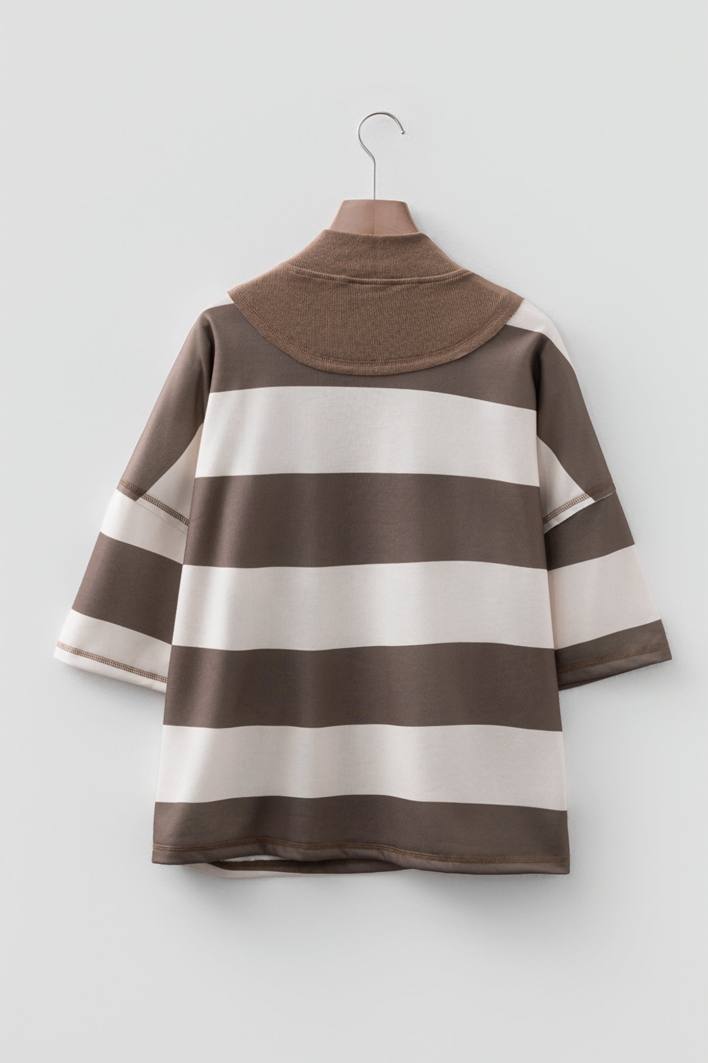 Brown Striped Color Block Zip Collar 3/4 Sleeve Oversize Sweatshirt-Tops/Sweatshirts & Hoodies-[Adult]-[Female]-2022 Online Blue Zone Planet