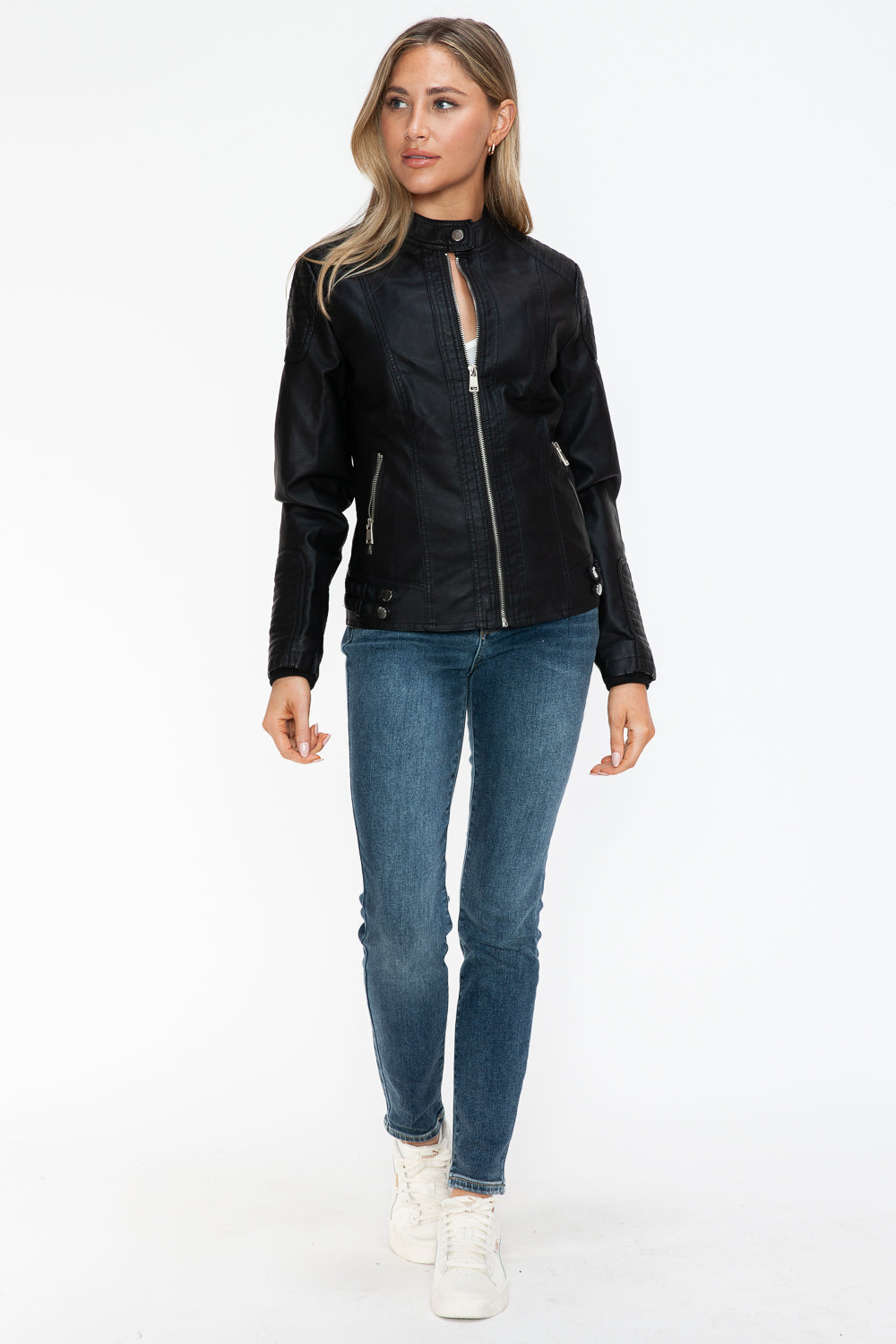 Blue Zone Planet | Snobbish Faux Leather Biker Jacket with Side Zip Pockets-TOPS / DRESSES-[Adult]-[Female]-2022 Online Blue Zone Planet