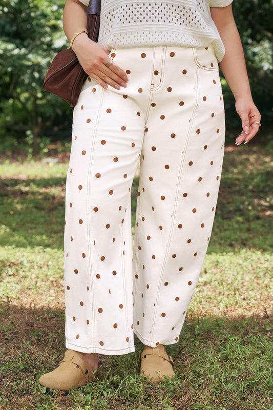 Beige Polka Dot Print Plus Size Barrel Jeans-Plus Size/Plus Size Bottoms-[Adult]-[Female]-Beige-1X-2022 Online Blue Zone Planet