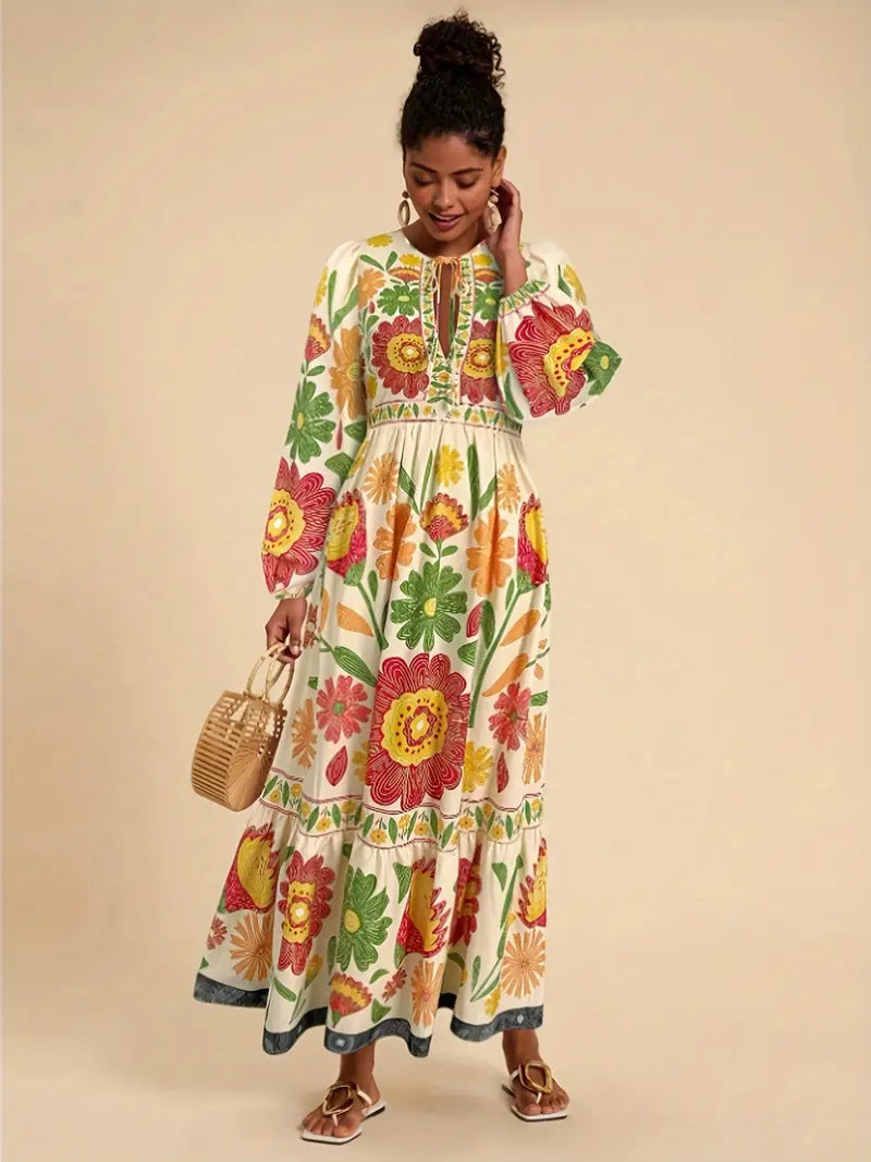 Floral Tie Waist Long Sleeve Maxi Dress - Blue Zone Planet-50% Off-[Adult]-[Female]-Floral 3-L-2022 Online Blue Zone Planet