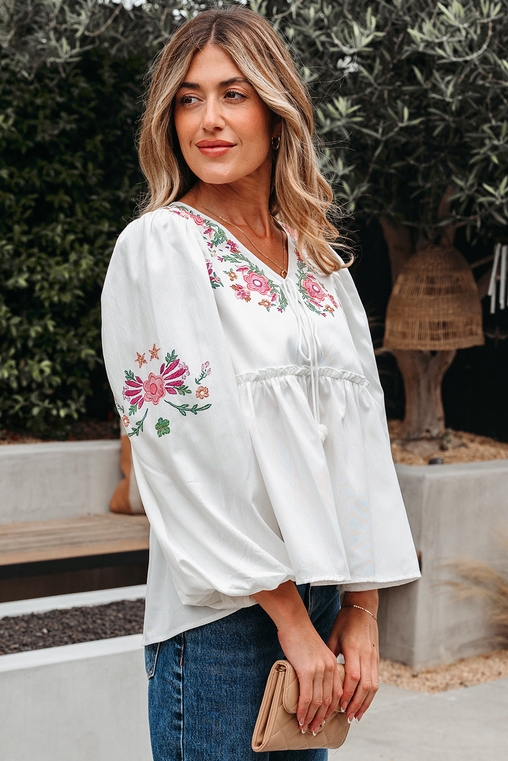 White Flower Lace-Up V Neck Babydoll Blouse-Tops/Blouses & Shirts-[Adult]-[Female]-2022 Online Blue Zone Planet