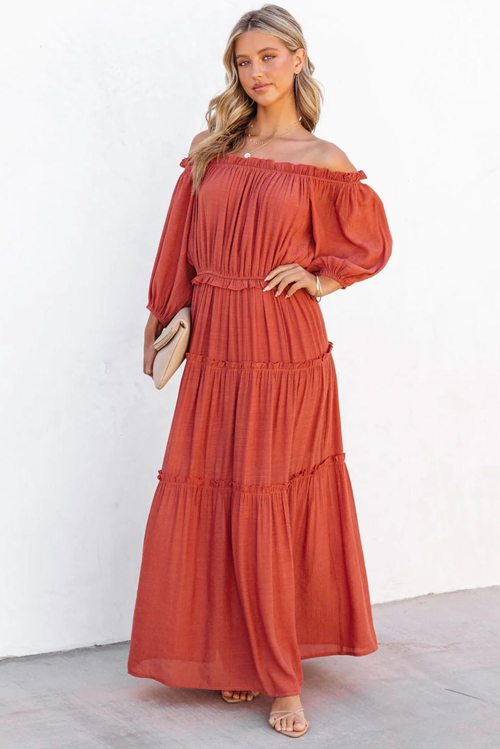 Blue Zone Planet | Orange Off Shoulder Balloon Sleeve Cutout Ruffled Maxi Dress-TOPS / DRESSES-[Adult]-[Female]-2022 Online Blue Zone Planet