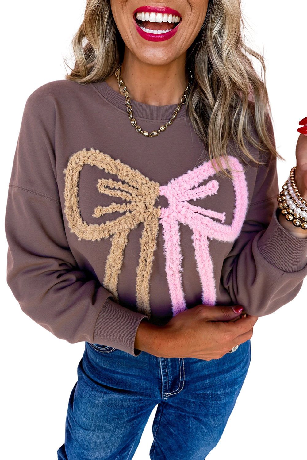 Dark Khaki Contrast Terry Bow Pattern Drop Shoulder Sweatshirt-Tops/Sweatshirts & Hoodies-[Adult]-[Female]-2022 Online Blue Zone Planet