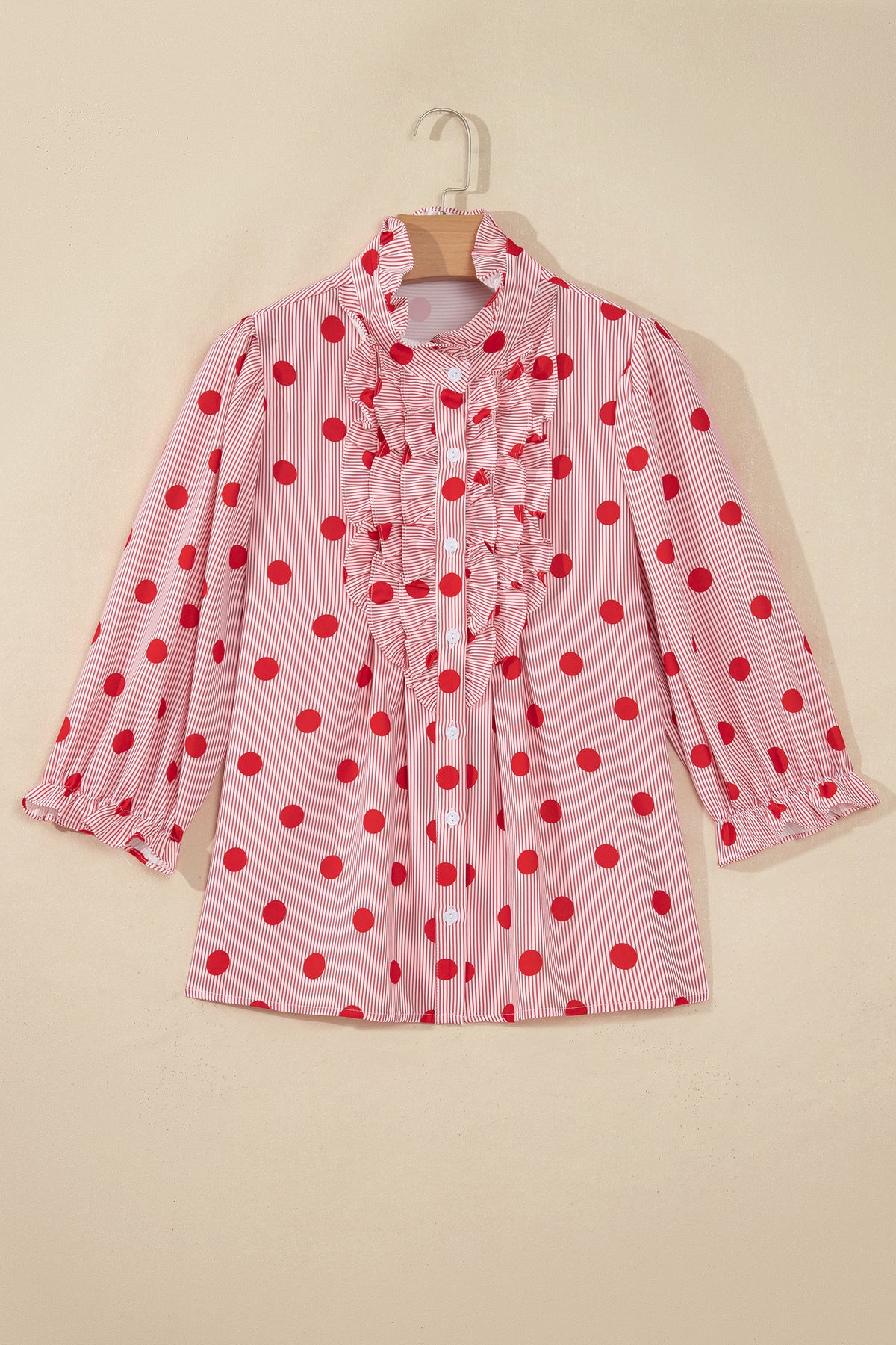 Fiery Red Polka Dot Striped Print Ruffle Stand Neck 3/4 Sleeve Shift Shirt-Tops/Blouses & Shirts-[Adult]-[Female]-2022 Online Blue Zone Planet