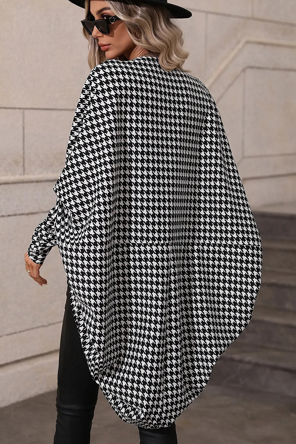Black Houndstooth Print Open Front Long Dolman Kimonos-Outerwear/Kimonos-[Adult]-[Female]-2022 Online Blue Zone Planet