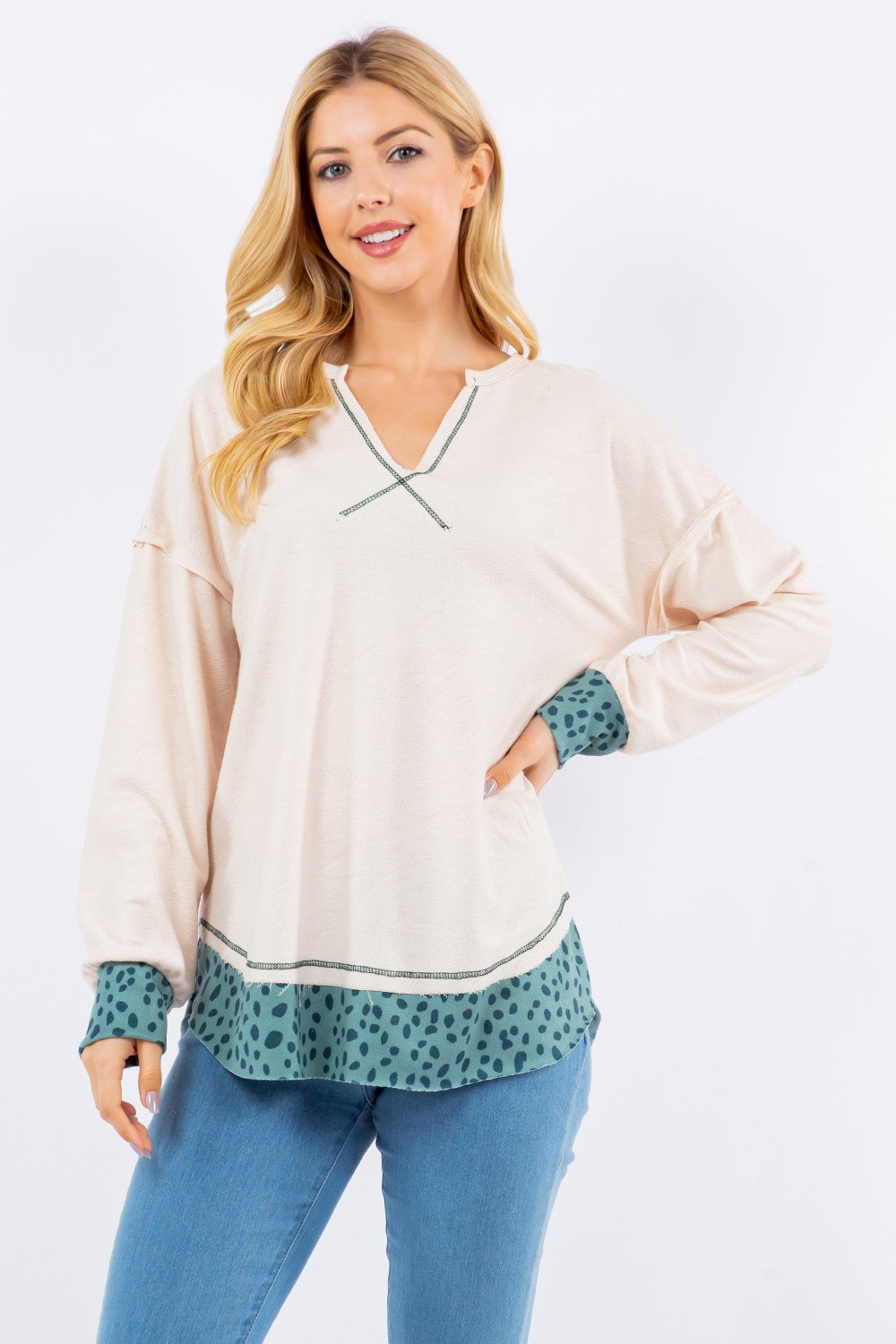 Celeste Full Size Contrast Stitching Notched Dropped Shoulder Blouse-TOPS / DRESSES-[Adult]-[Female]-Ivory-S-2022 Online Blue Zone Planet