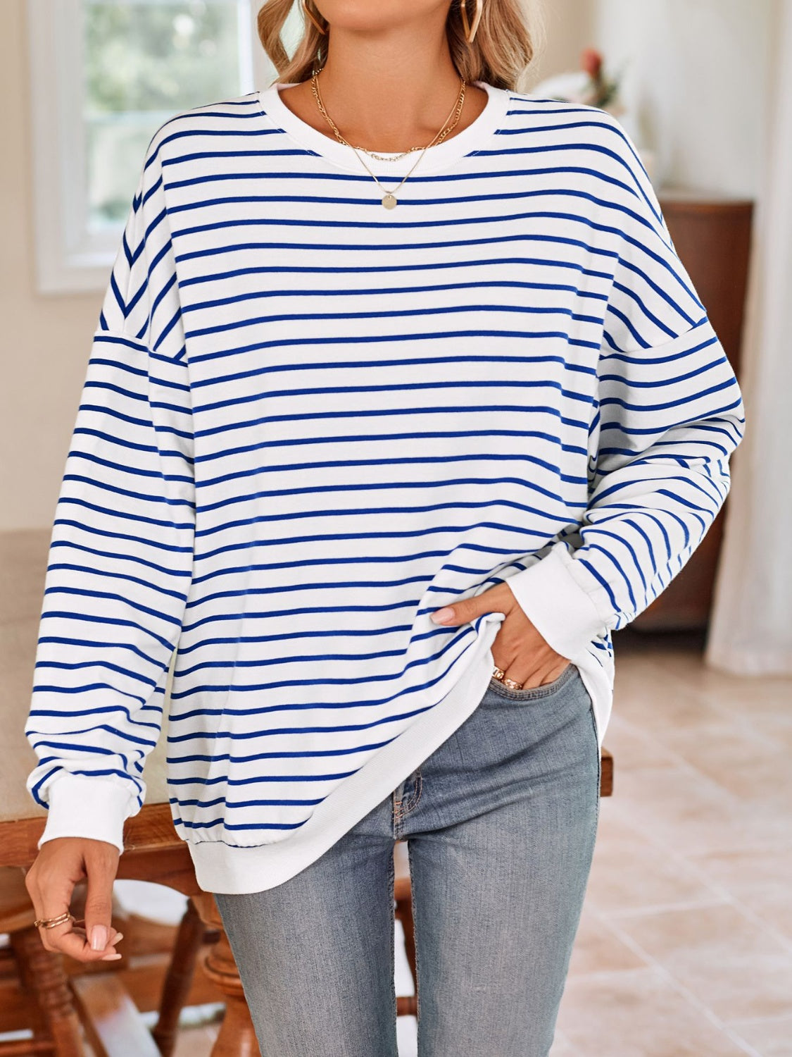 Blue Zone Planet | Lovelet Striped Round Neck Long Sleeve Sweatshirt-TOPS / DRESSES-[Adult]-[Female]-Blue-S-2022 Online Blue Zone Planet