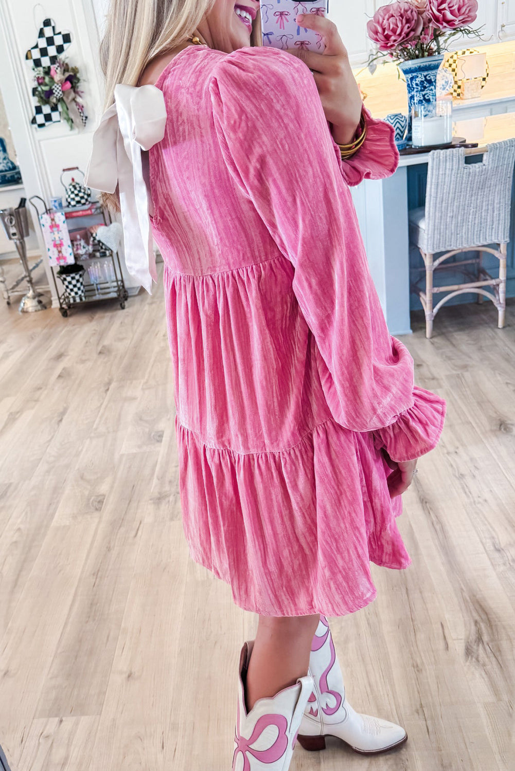 Strawberry Pink Flounce Sleeve Tiered Ruffled Velvet Mini Dress-Dresses/Mini Dresses-[Adult]-[Female]-2022 Online Blue Zone Planet