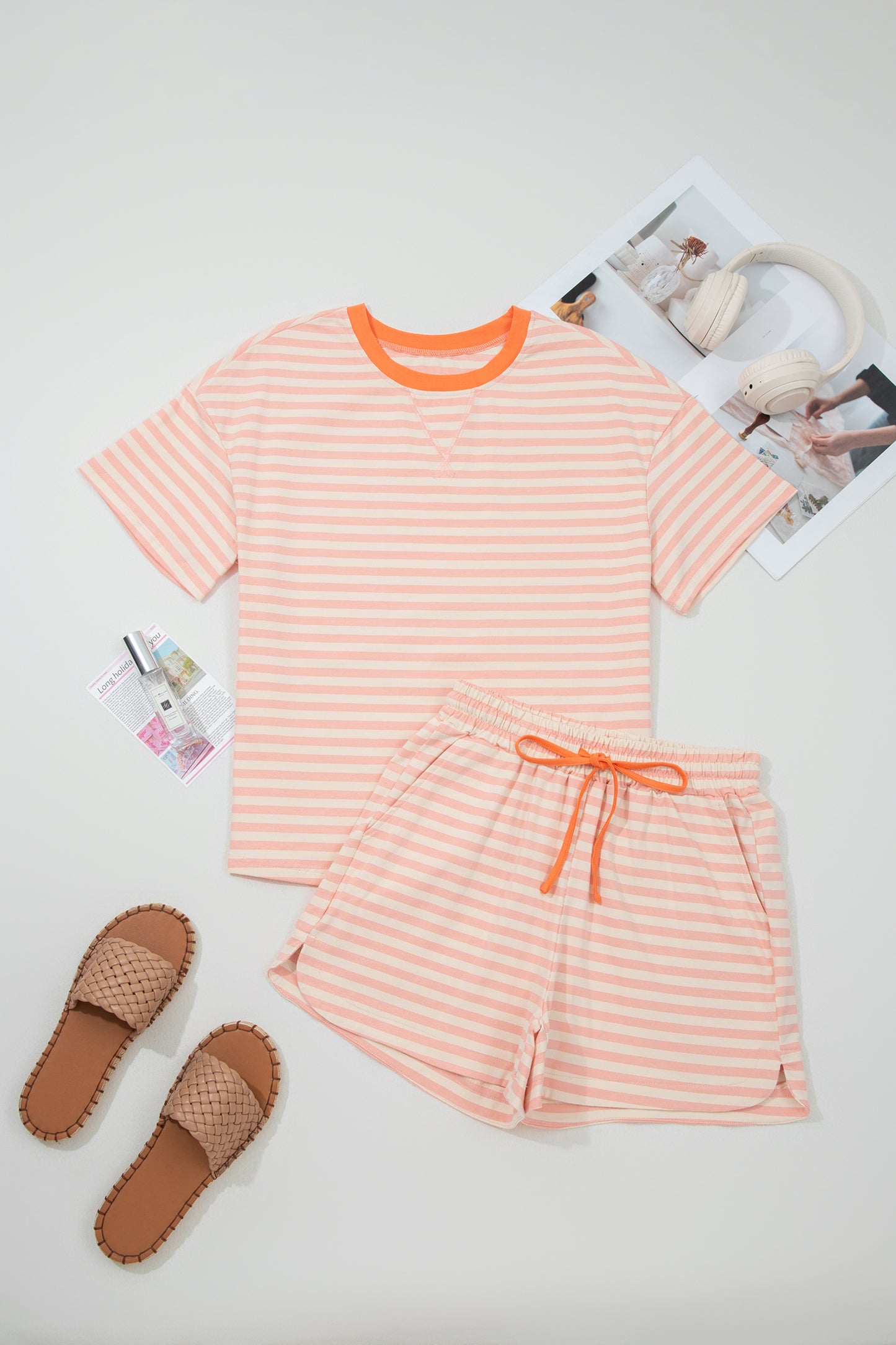 Pink Stripe Contrast Neck Loose Tee and Drawstring Shorts Set-Two Piece Sets/Short Sets-[Adult]-[Female]-2022 Online Blue Zone Planet