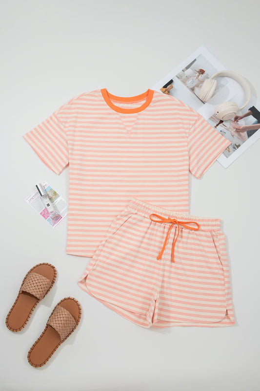 Pink Stripe Contrast Neck Loose Tee and Drawstring Shorts Set-Two Piece Sets/Short Sets-[Adult]-[Female]-2022 Online Blue Zone Planet