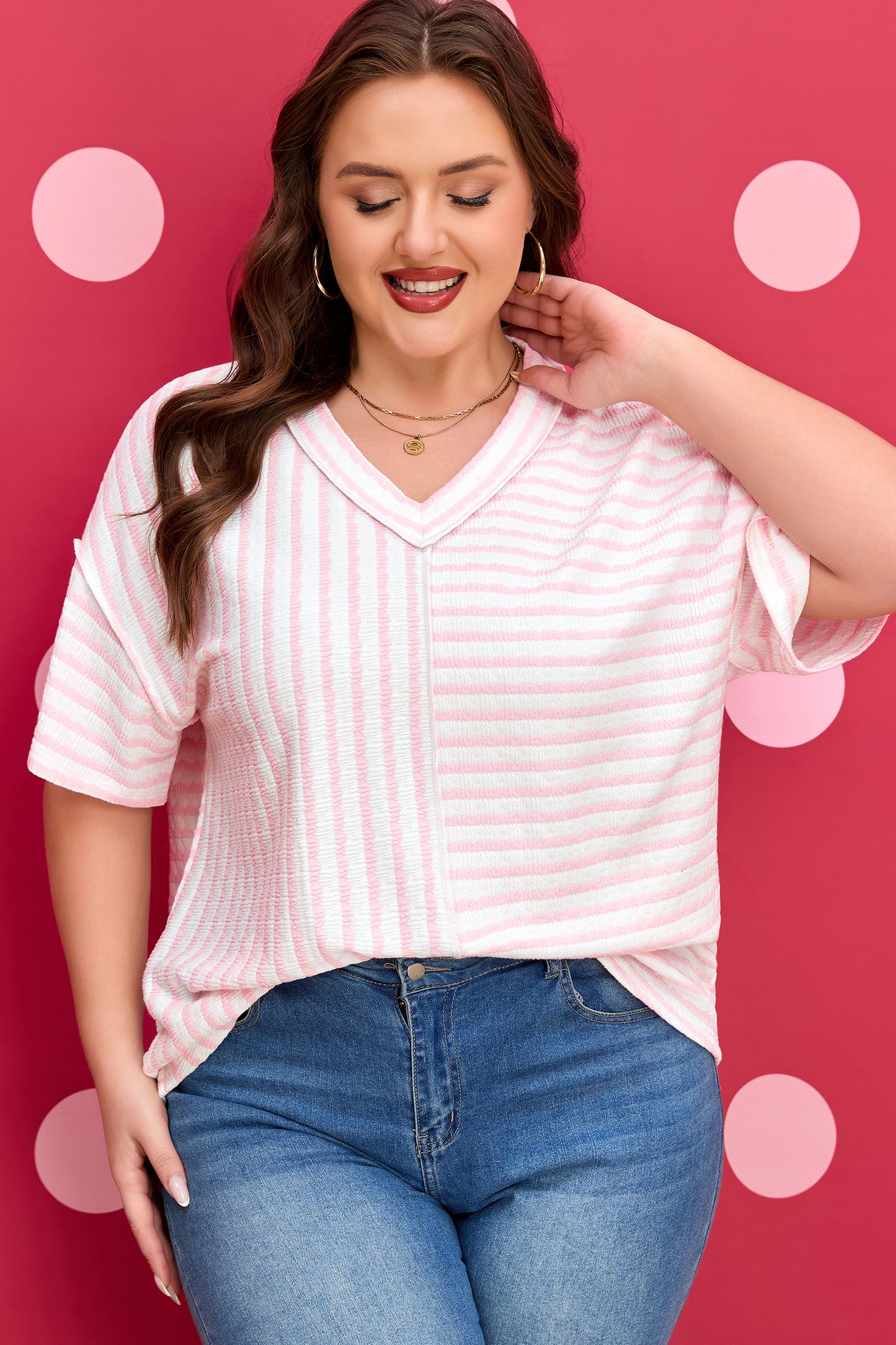 Pink Stripe Plus Size V Neck Exposed Seam Patchwork T Shirt-Plus Size/Plus Size Tops/Plus Size Tops & Tees-[Adult]-[Female]-2022 Online Blue Zone Planet