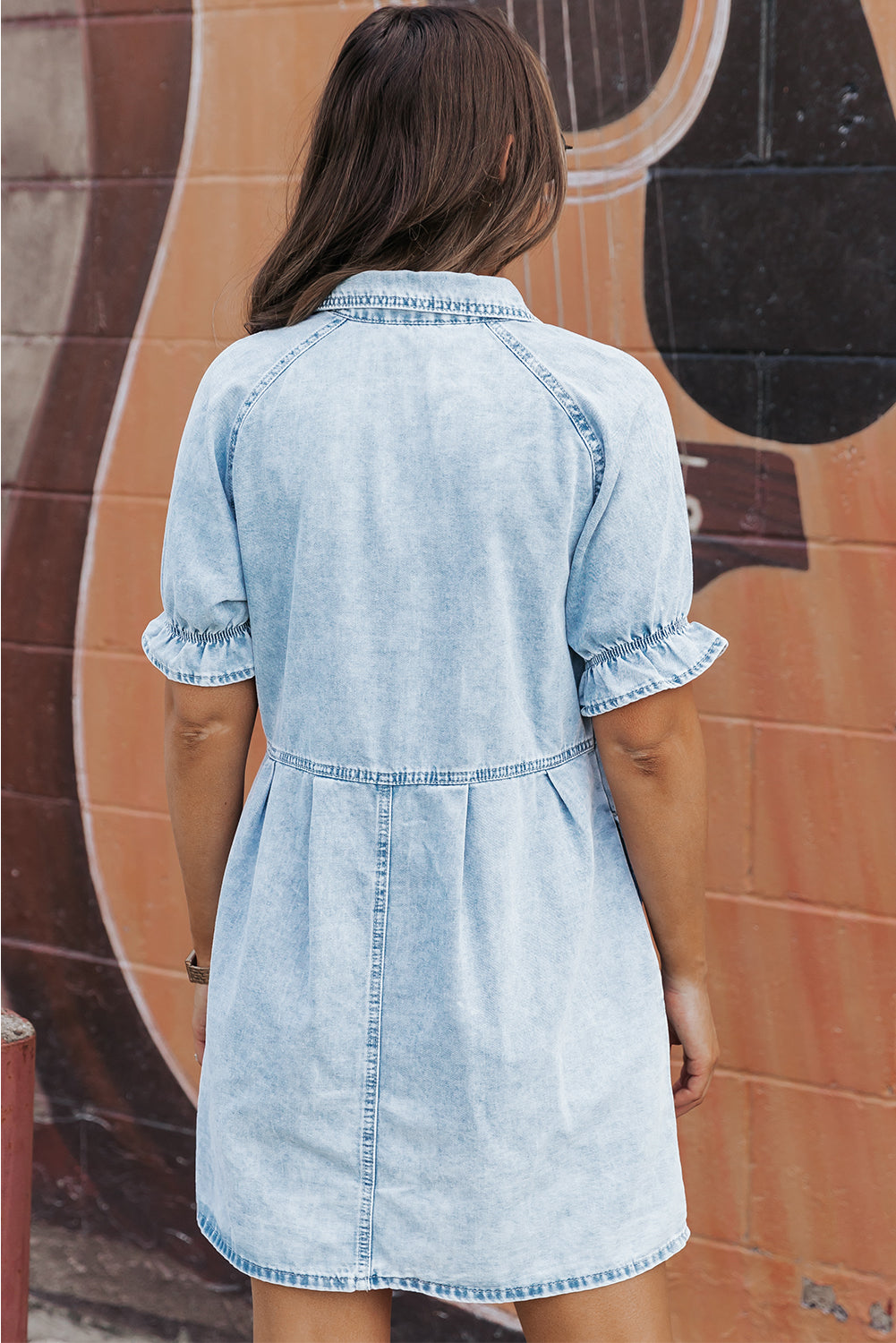 Medium Grey Mineral Wash Ruffled Short Sleeve Buttoned Denim Dress Blue Zone Planet