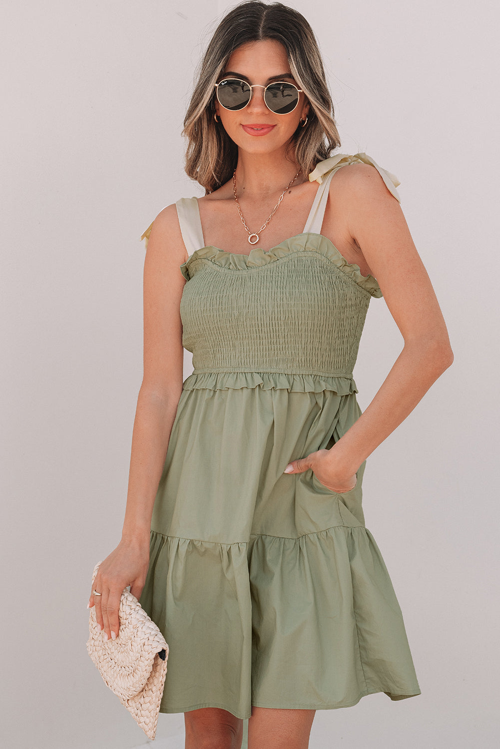 Laurel Green Smocked Bodice Self-tie Straps A-line Ruffled Mini Dress-TOPS / DRESSES-[Adult]-[Female]-2022 Online Blue Zone Planet