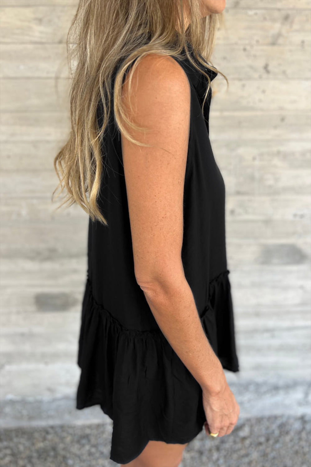 Black Sleeveless Buttoned Front Ruffle Hem Tunic Shirt-Tops/Tops & Tees-[Adult]-[Female]-2022 Online Blue Zone Planet