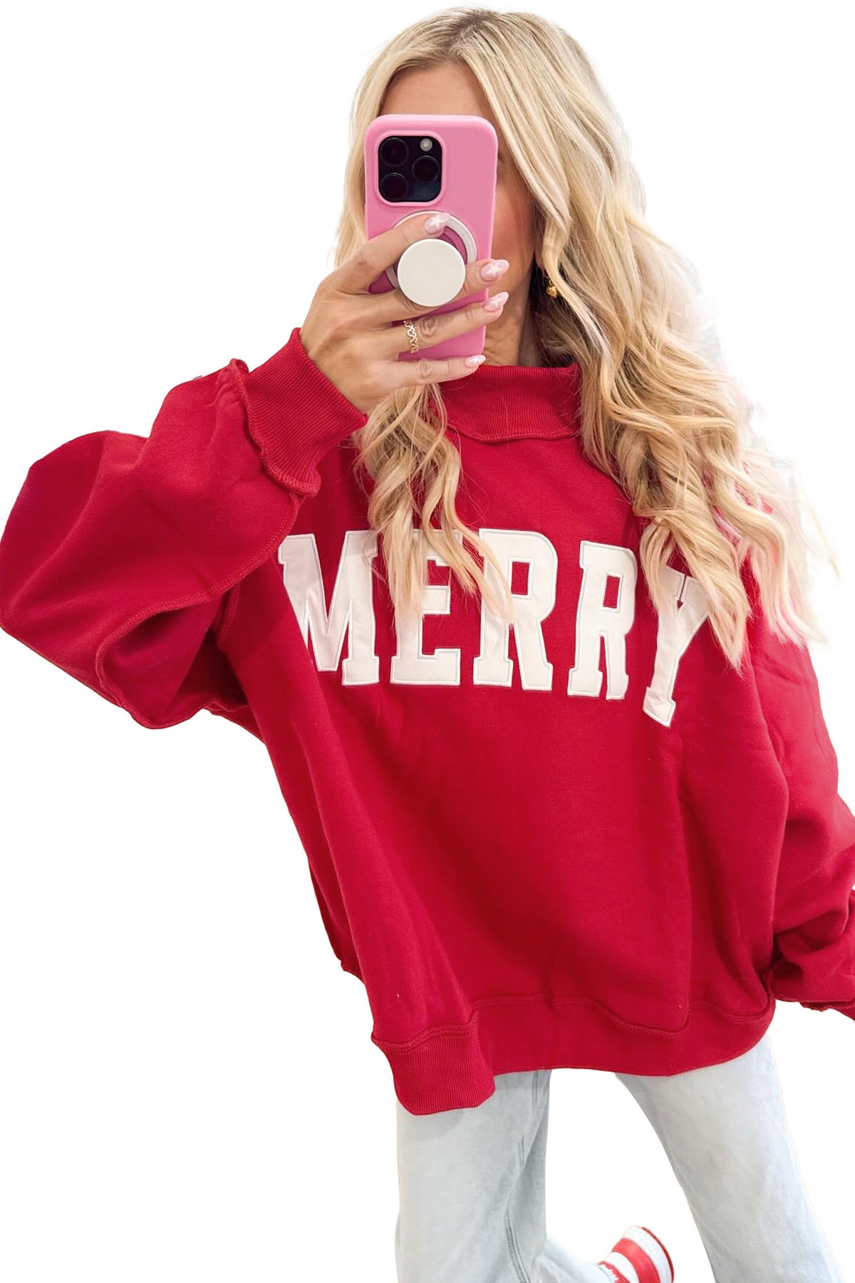 Gray MERRY Embroidered Letter High Neck Tunic Pullover Sweatshirt-Tops/Sweatshirts & Hoodies-[Adult]-[Female]-2022 Online Blue Zone Planet