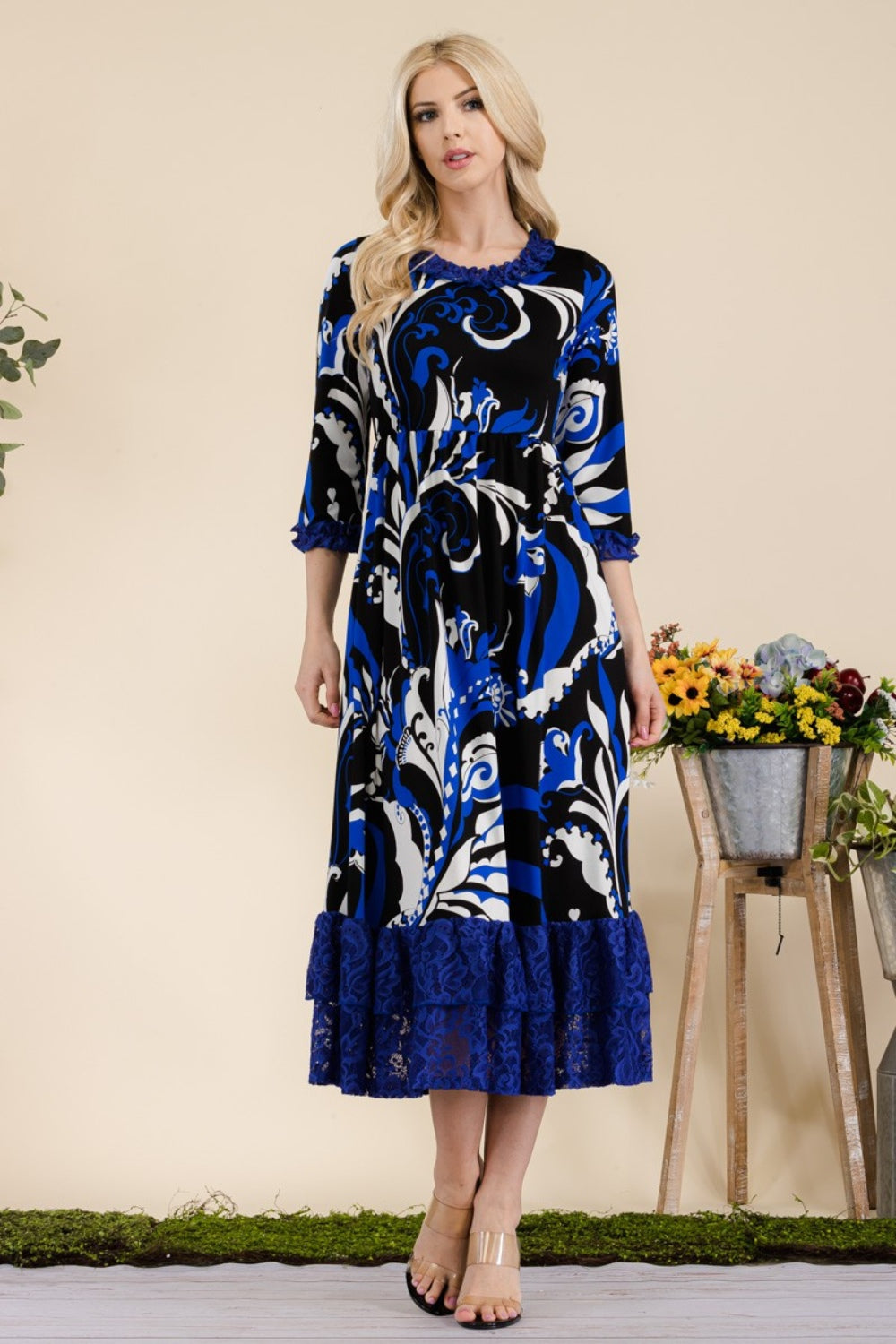 Celeste Full Size Paisley Print Lace Ruffled Midi Dress-TOPS / DRESSES-[Adult]-[Female]-2022 Online Blue Zone Planet