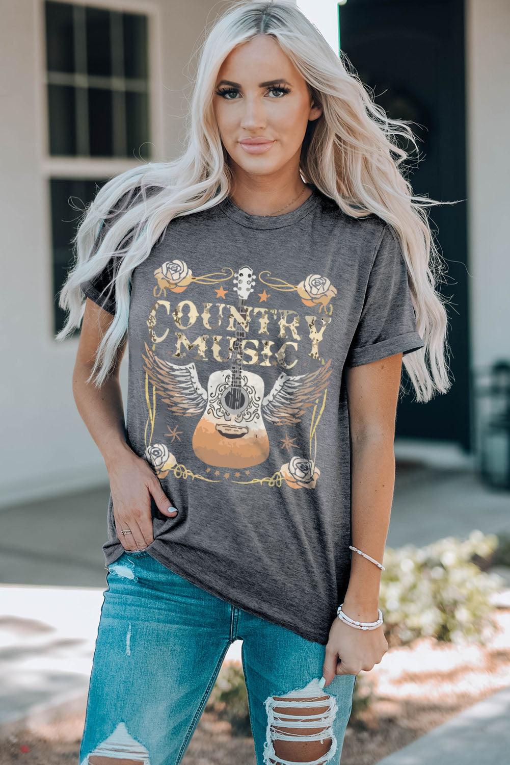 Gray Country Music Guitar Graphic Print Crew Neck T Shirt-Graphic/Graphic Tees-[Adult]-[Female]-2022 Online Blue Zone Planet