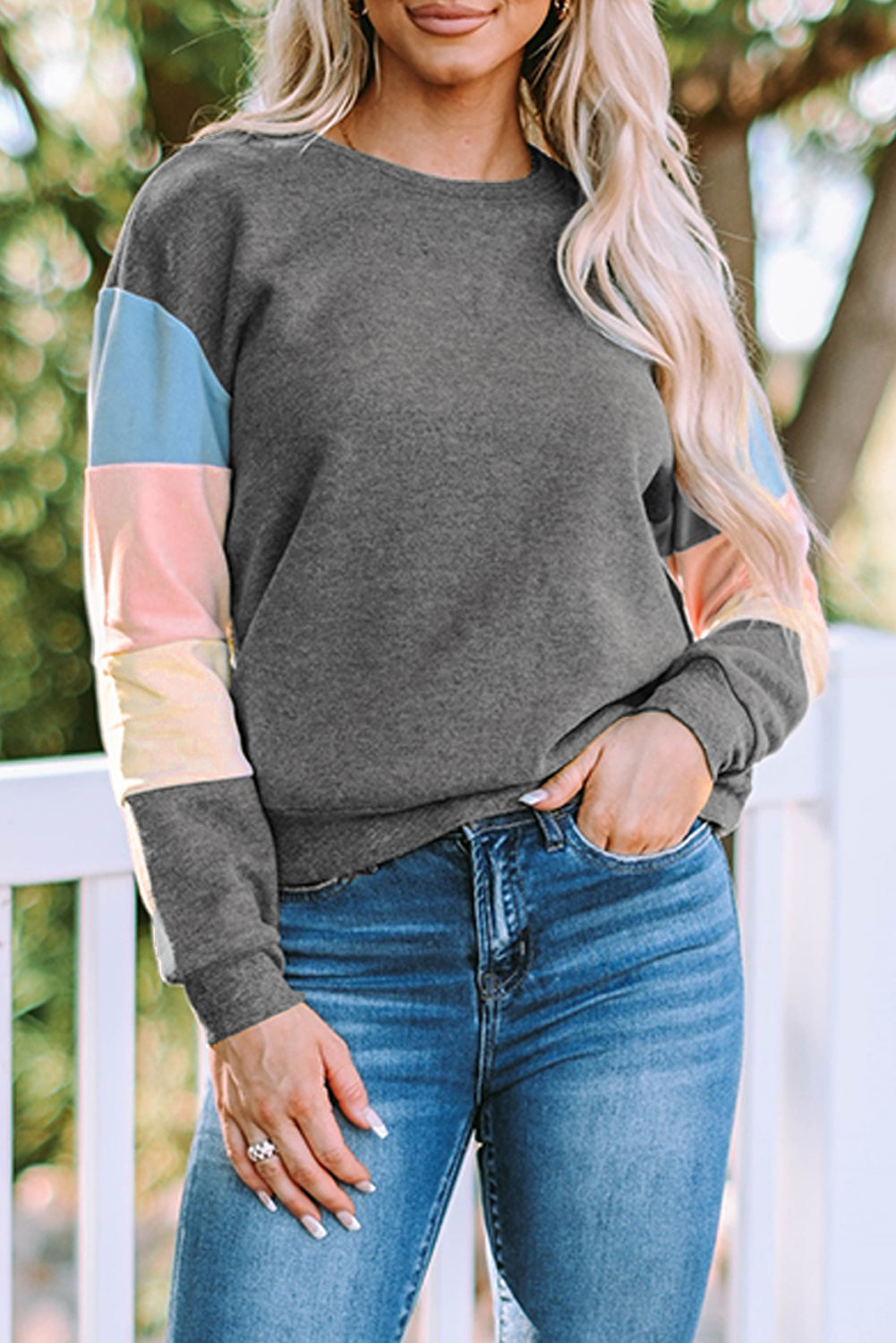 Gray Colorblock Long Sleeve Pullover Sweatshirt-Tops/Sweatshirts & Hoodies-[Adult]-[Female]-Gray-S-2022 Online Blue Zone Planet