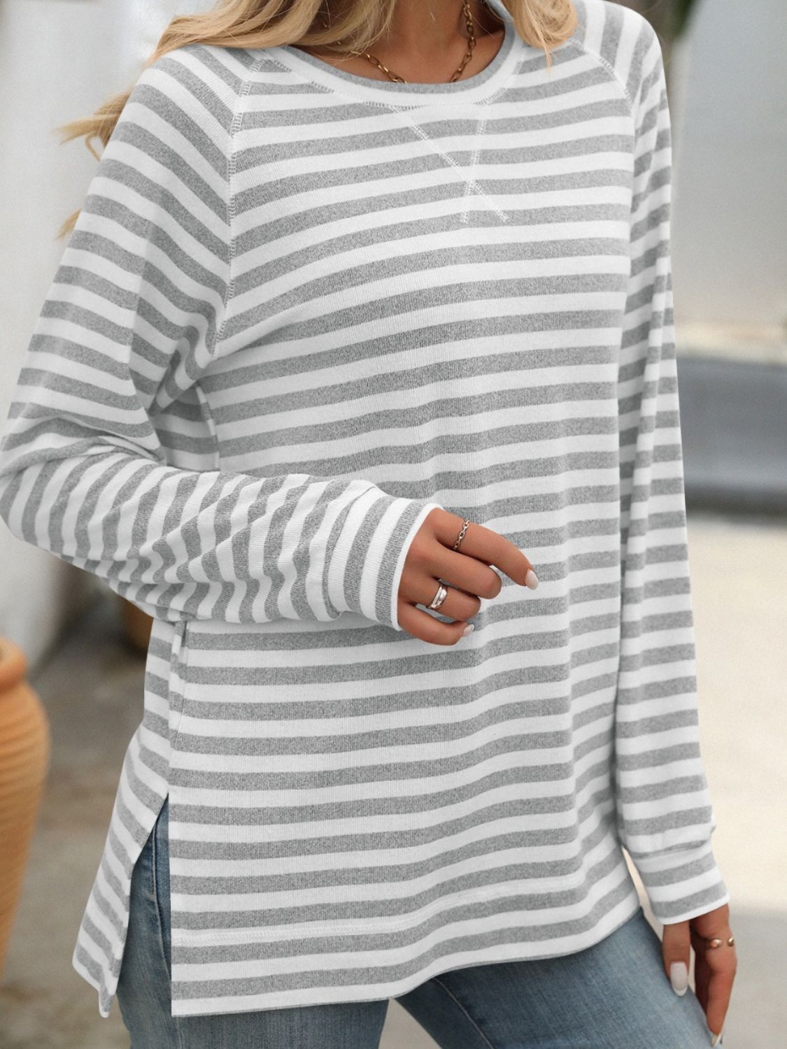 Blue Zone Planet | Mandy Striped Round Neck Long Sleeve T-Shirt-TOPS / DRESSES-[Adult]-[Female]-2022 Online Blue Zone Planet