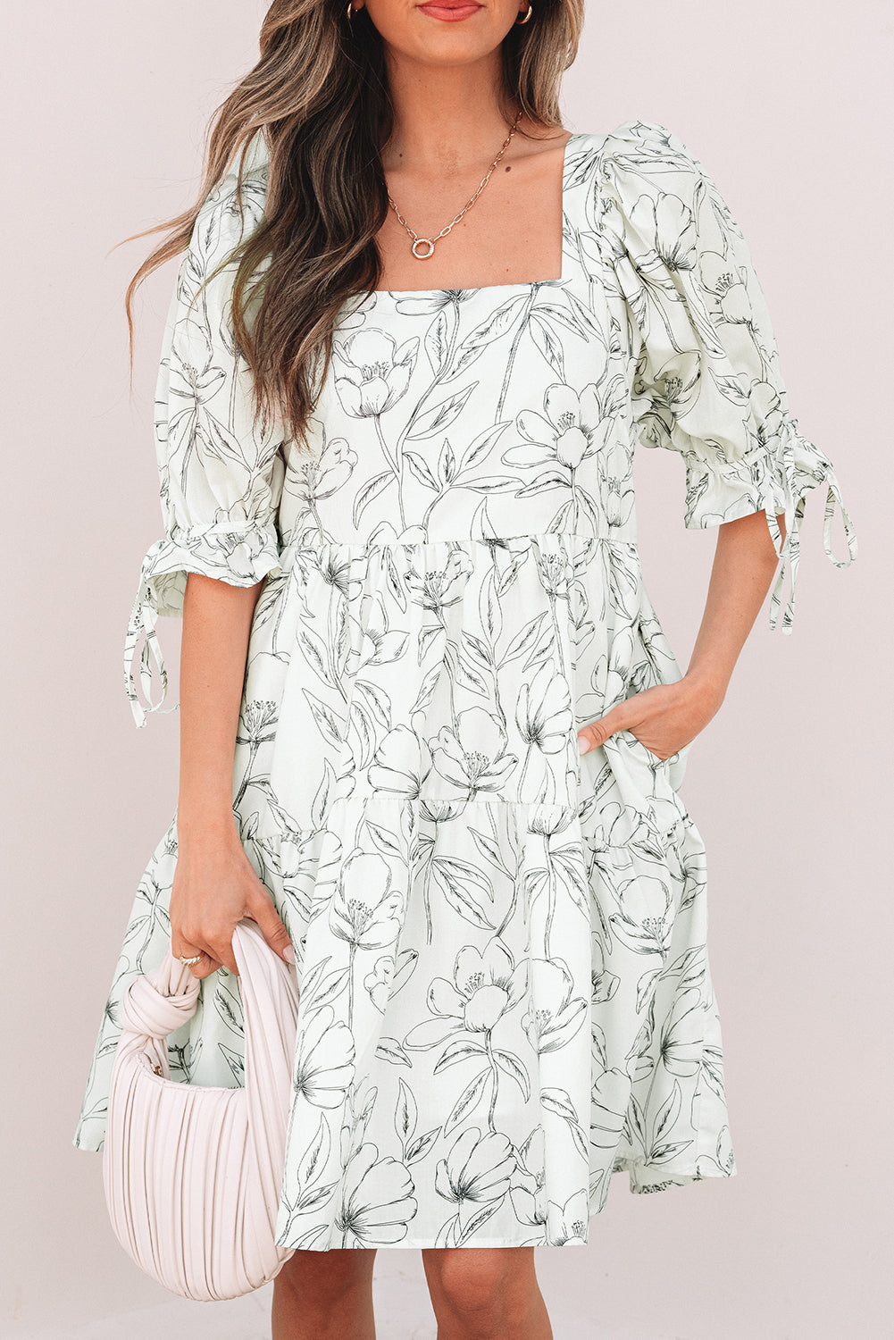 Beige Floral Print Square Neck Shirred Back Puff Sleeve Mini Dress-TOPS / DRESSES-[Adult]-[Female]-2022 Online Blue Zone Planet