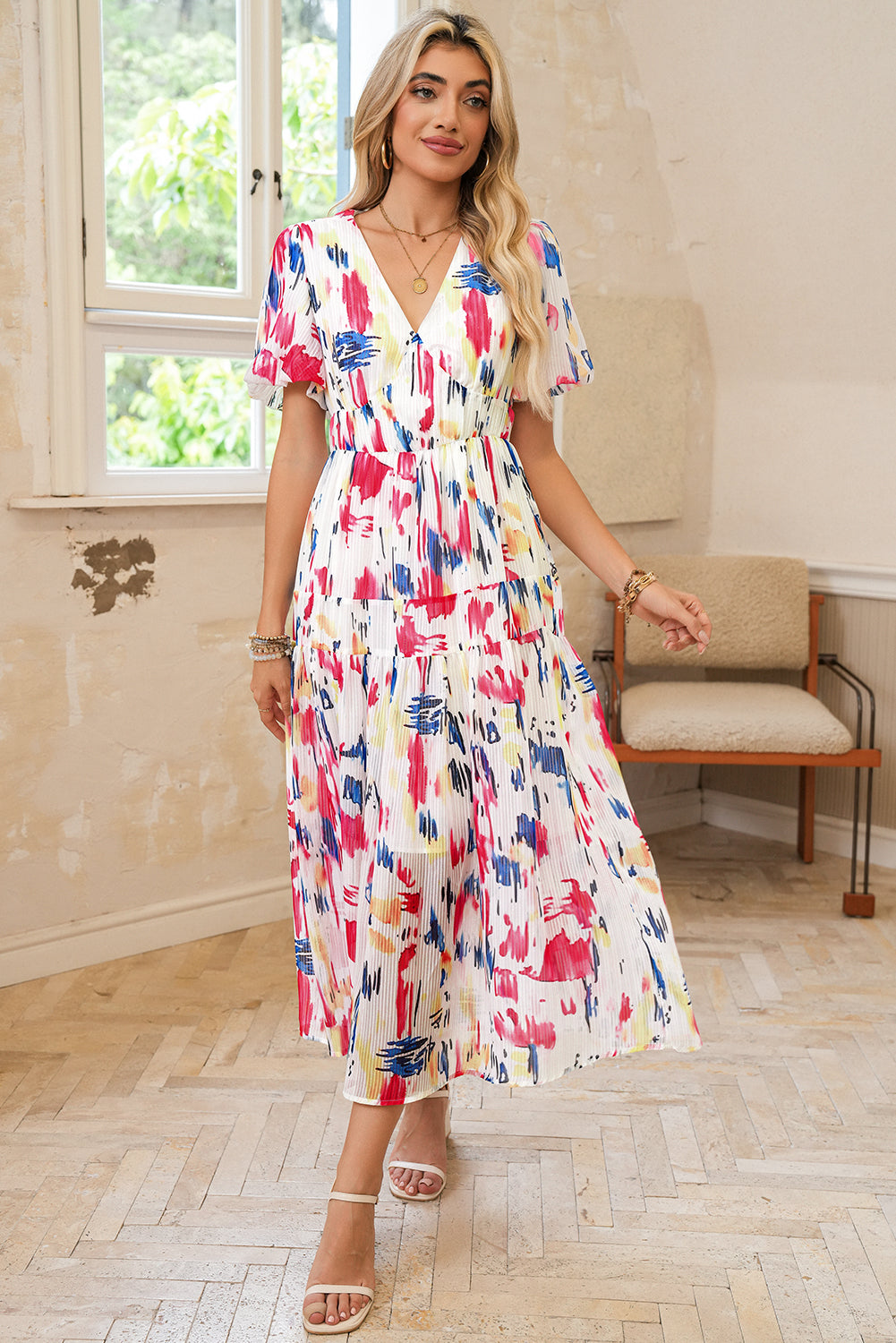 Rose Abstract Print Short Puff Sleeve Tiered Maxi Dress-15% OFF-[Adult]-[Female]-2022 Online Blue Zone Planet