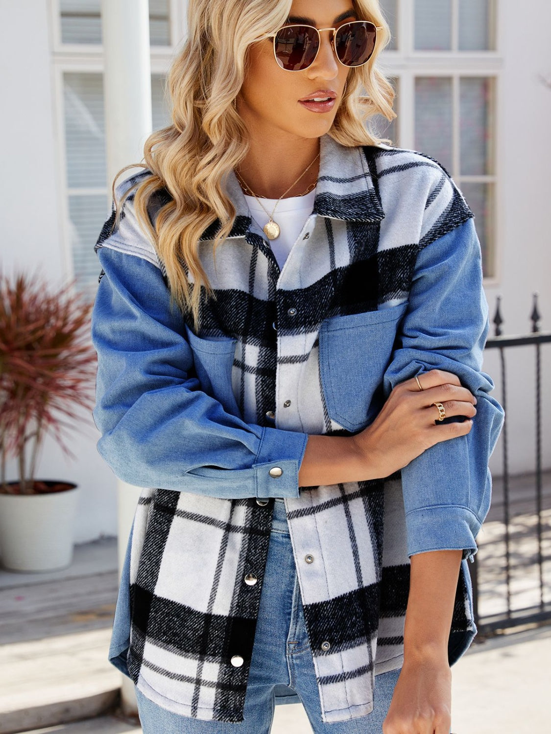 Blue Zone Planet | Pocketed Plaid Snap Down Denim Jacket-TOPS / DRESSES-[Adult]-[Female]-2022 Online Blue Zone Planet