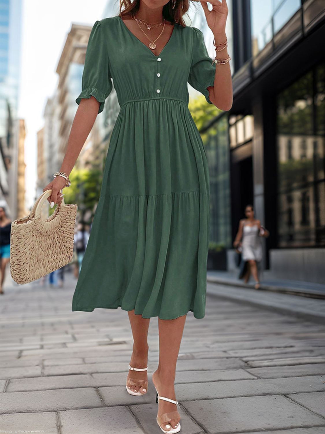 knee length dresses for ladies Kim's Ruched V-Neck Half Sleeve Midi Dress knee length dresses for ladies Kim's Ruched V-Neck Half Sleeve Midi Dress