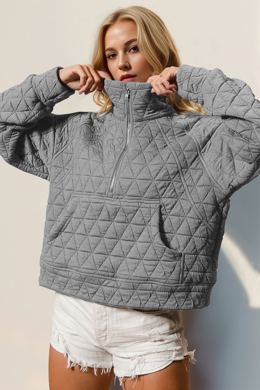 Blue Zone Planet | Double Take Half Zip Long Sleeve Quilted Sweatshirt with Pocket-TOPS / DRESSES-[Adult]-[Female]-Gray-S-2022 Online Blue Zone Planet