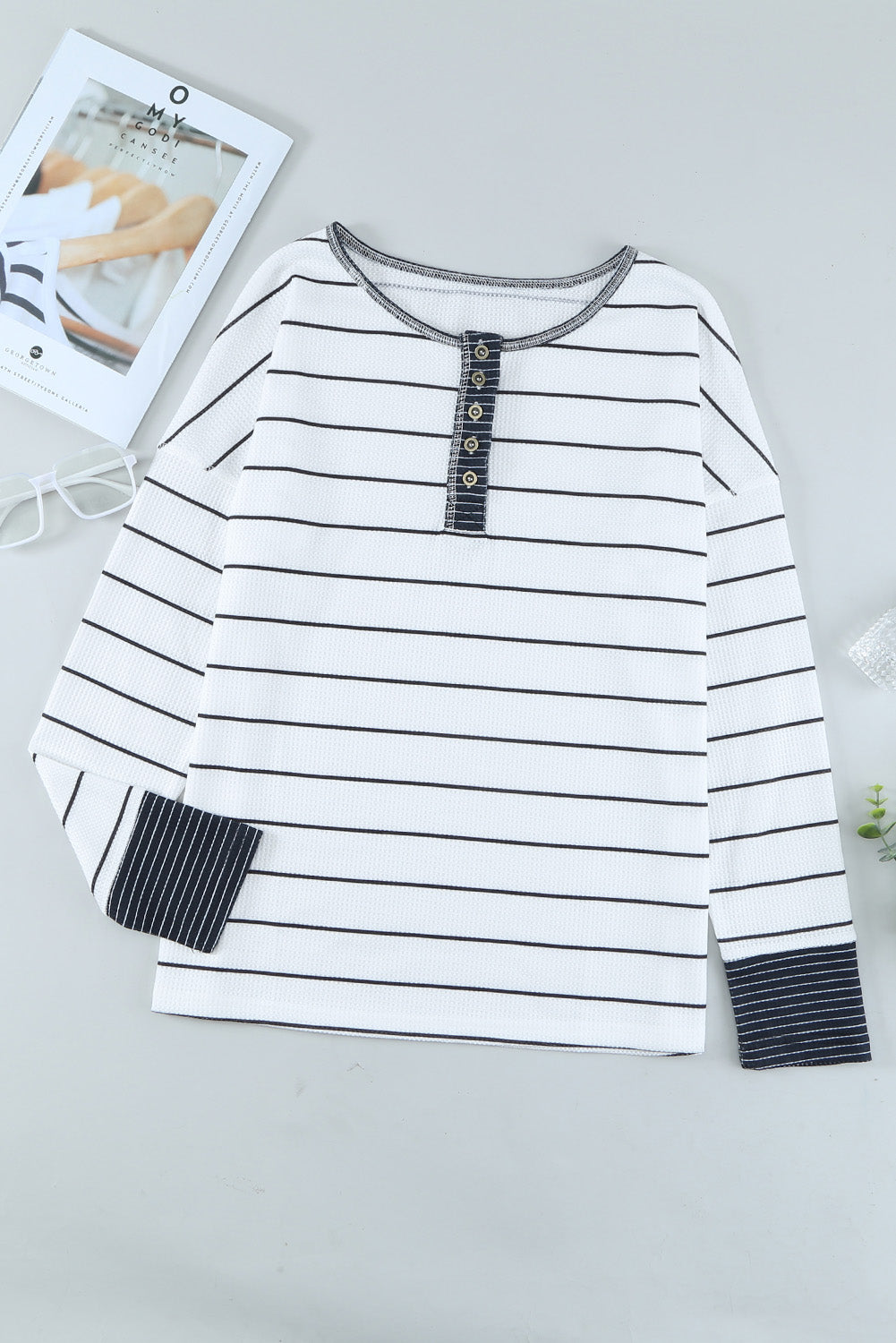 White Striped Buttoned Henley Waffle Knit Top-Tops/Blouses & Shirts-[Adult]-[Female]-2022 Online Blue Zone Planet