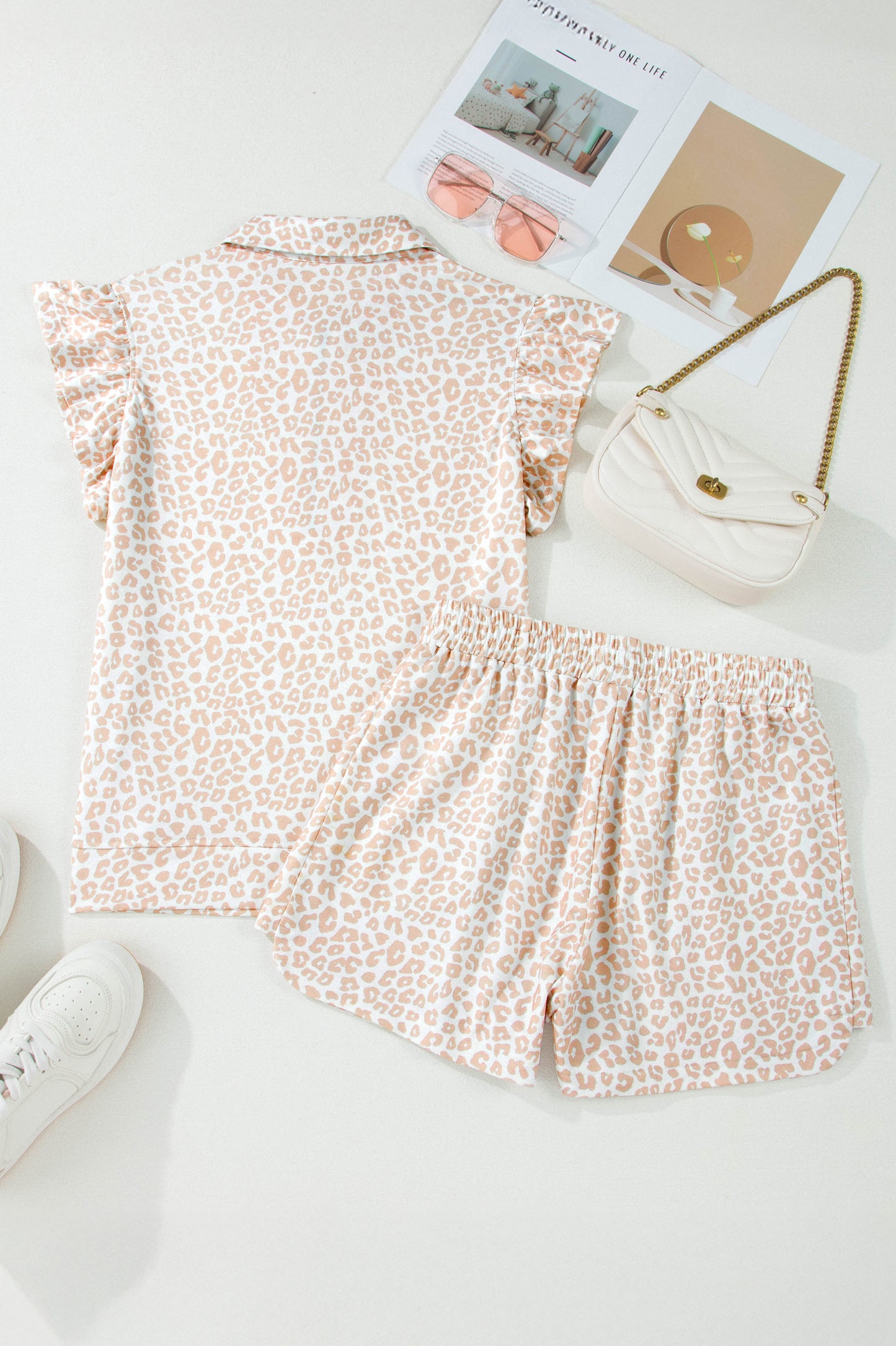 Beige Leopard Zip Polo Top 2pcs Short Set-Two Piece Sets/Short Sets-[Adult]-[Female]-2022 Online Blue Zone Planet