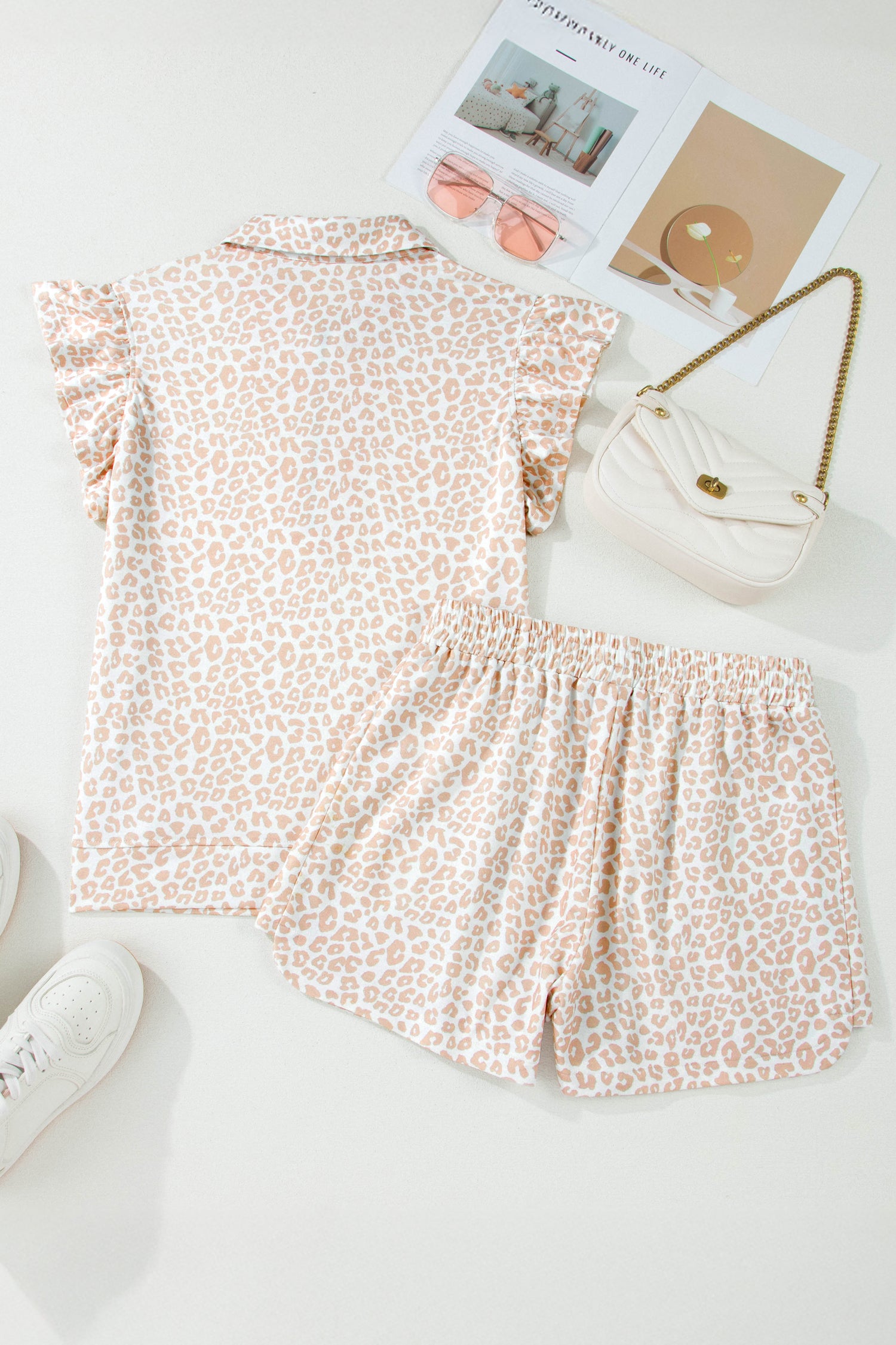 Beige Leopard Zip Polo Top 2pcs Short Set-Two Piece Sets/Short Sets-[Adult]-[Female]-2022 Online Blue Zone Planet