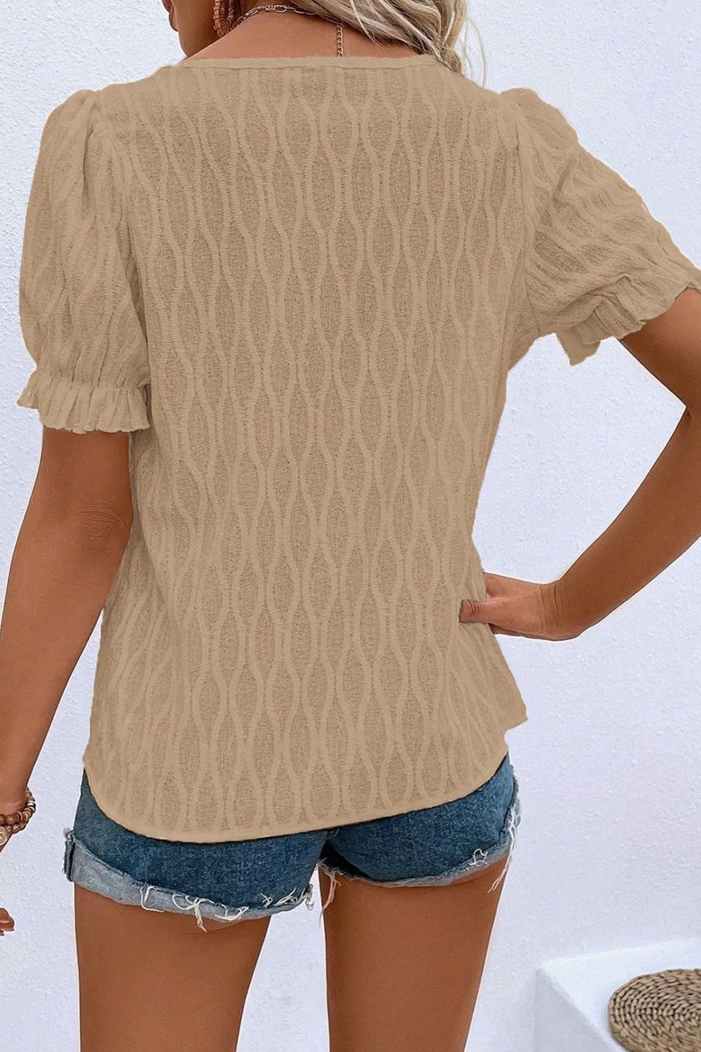 Texture Notched Short Sleeve Blouse-TOPS / DRESSES-[Adult]-[Female]-2022 Online Blue Zone Planet
