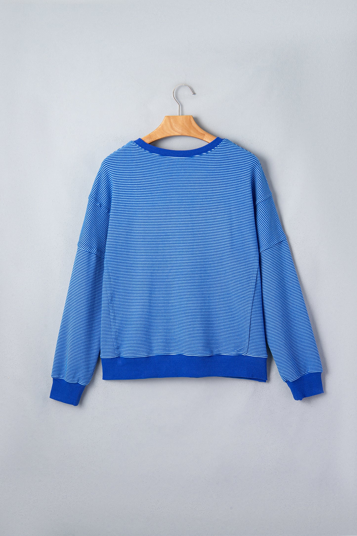 Blue Stripe Ribbed Cuffs Hem Long Sleeve Pullover Top-Tops/Long Sleeve Tops-[Adult]-[Female]-2022 Online Blue Zone Planet