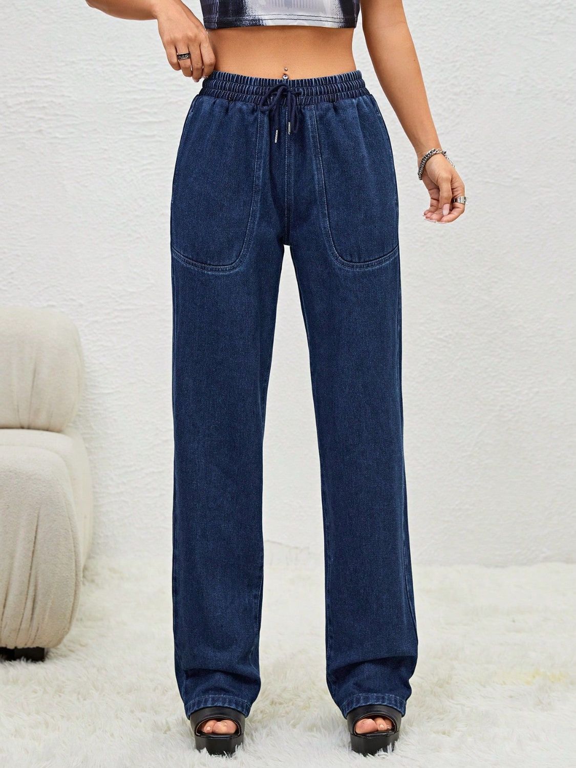 Drawstring Elastic Waist Jeans with Pockets-[Adult]-[Female]-2022 Online Blue Zone Planet