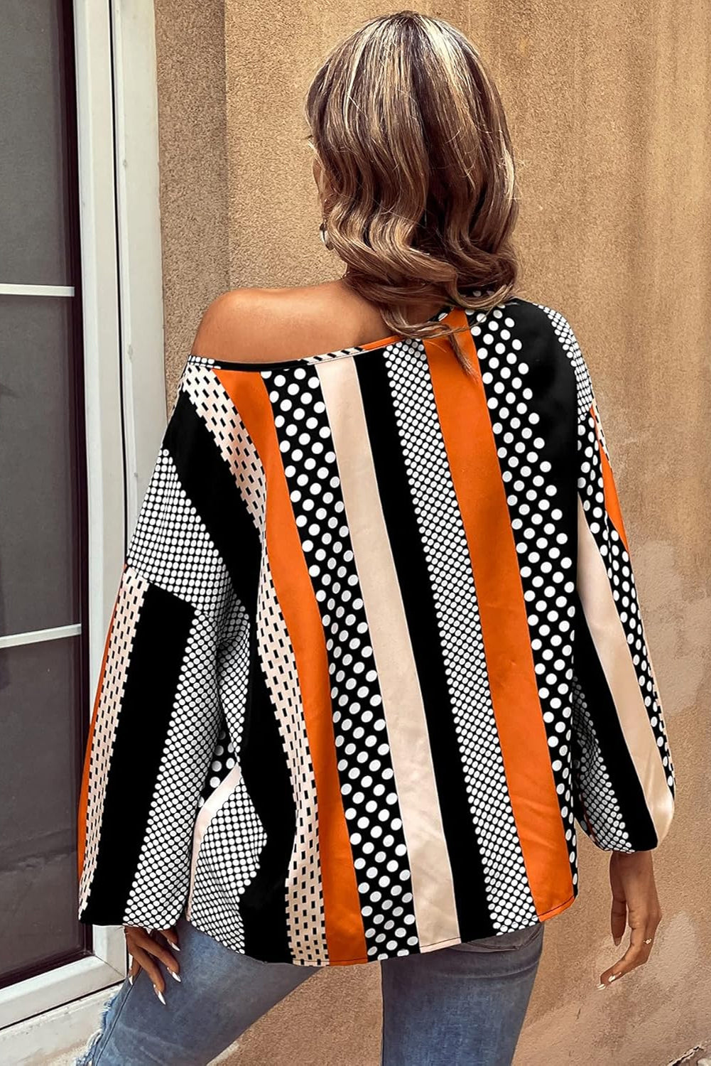 Orange Polka Dot Vertical Striped Printed Puff Sleeve Blouse-Tops/Blouses & Shirts-[Adult]-[Female]-2022 Online Blue Zone Planet