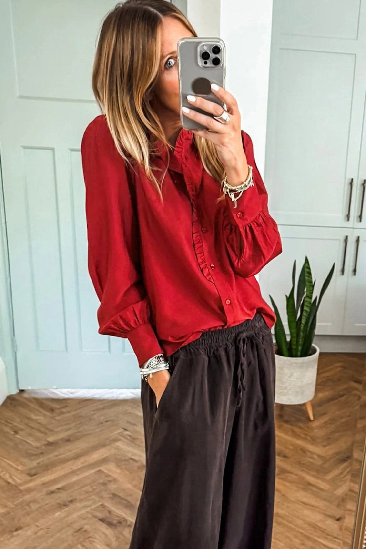 Fiery Red Frilled Trim Button Up Pleated Long Sleeve Shirt-Tops/Blouses & Shirts-[Adult]-[Female]-2022 Online Blue Zone Planet